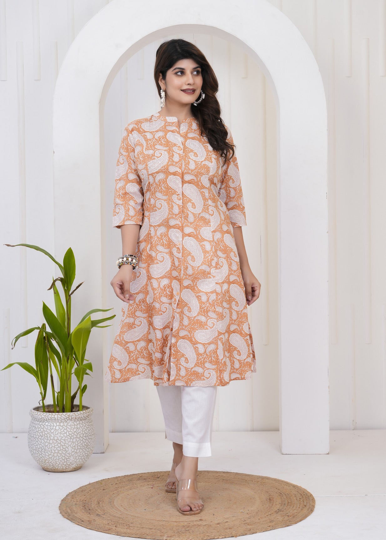 Bronze With White Floral Print Cotton Kurti