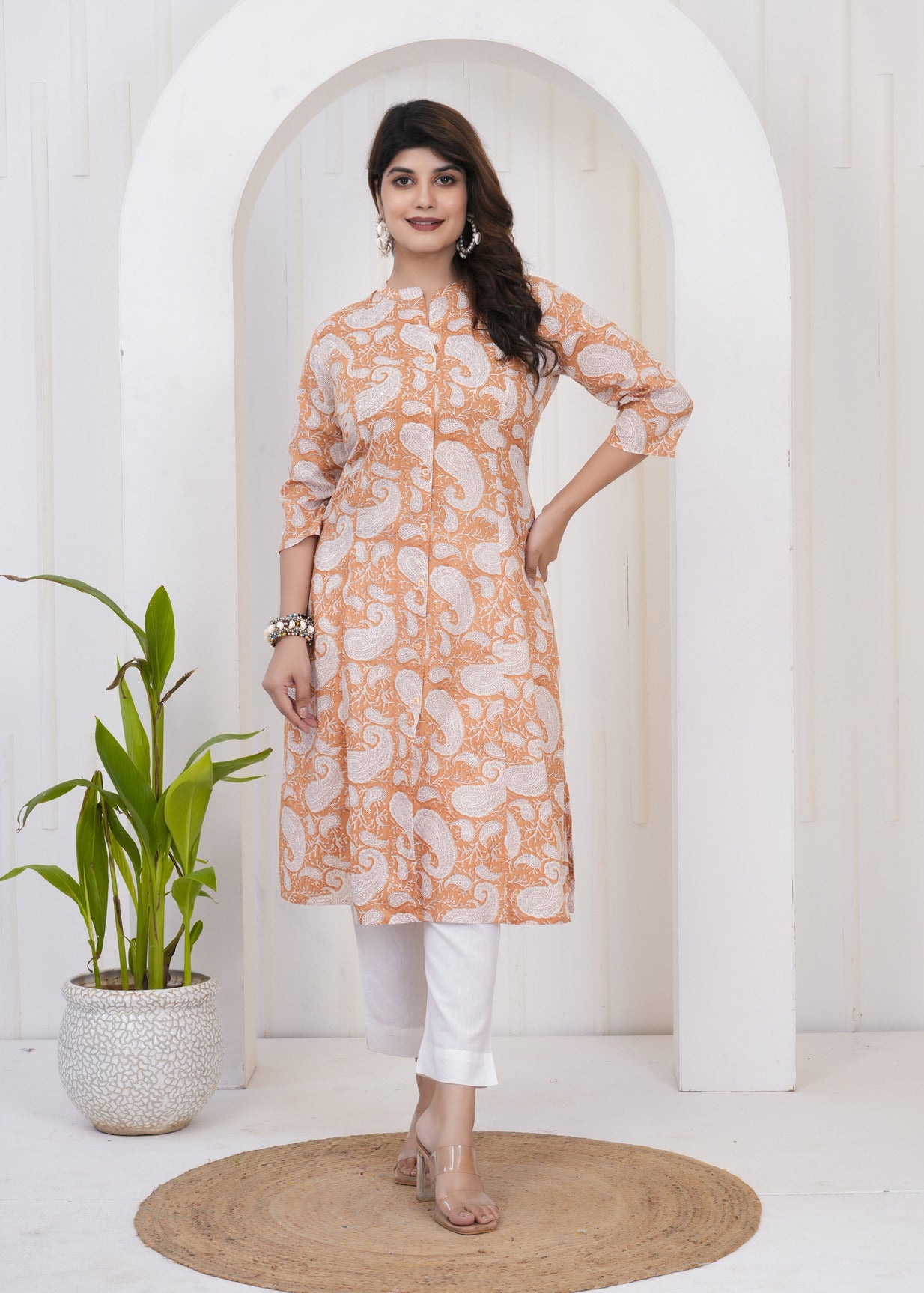 Bronze With White Floral Print Cotton Kurti