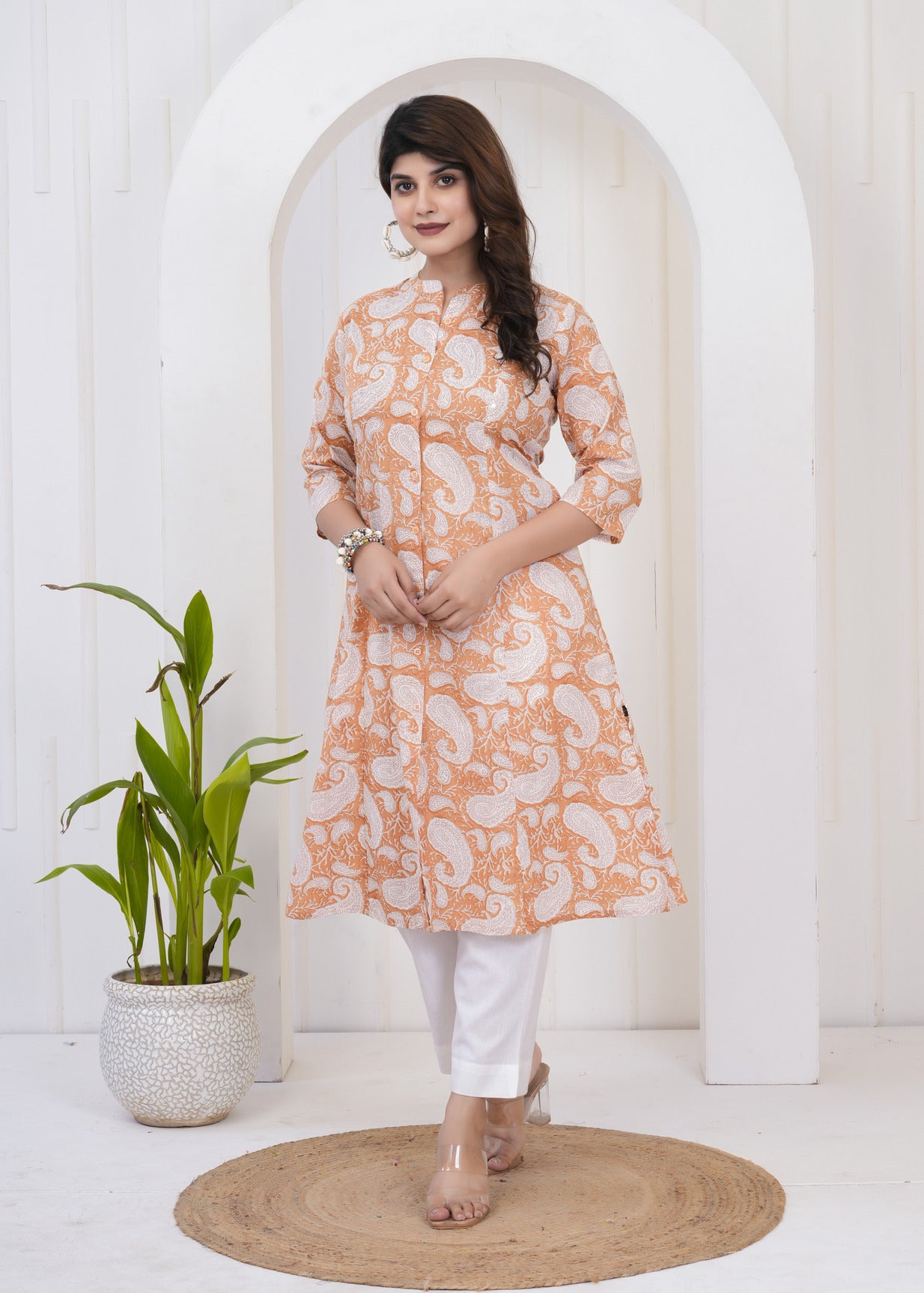 Bronze With White Floral Print Cotton Kurti