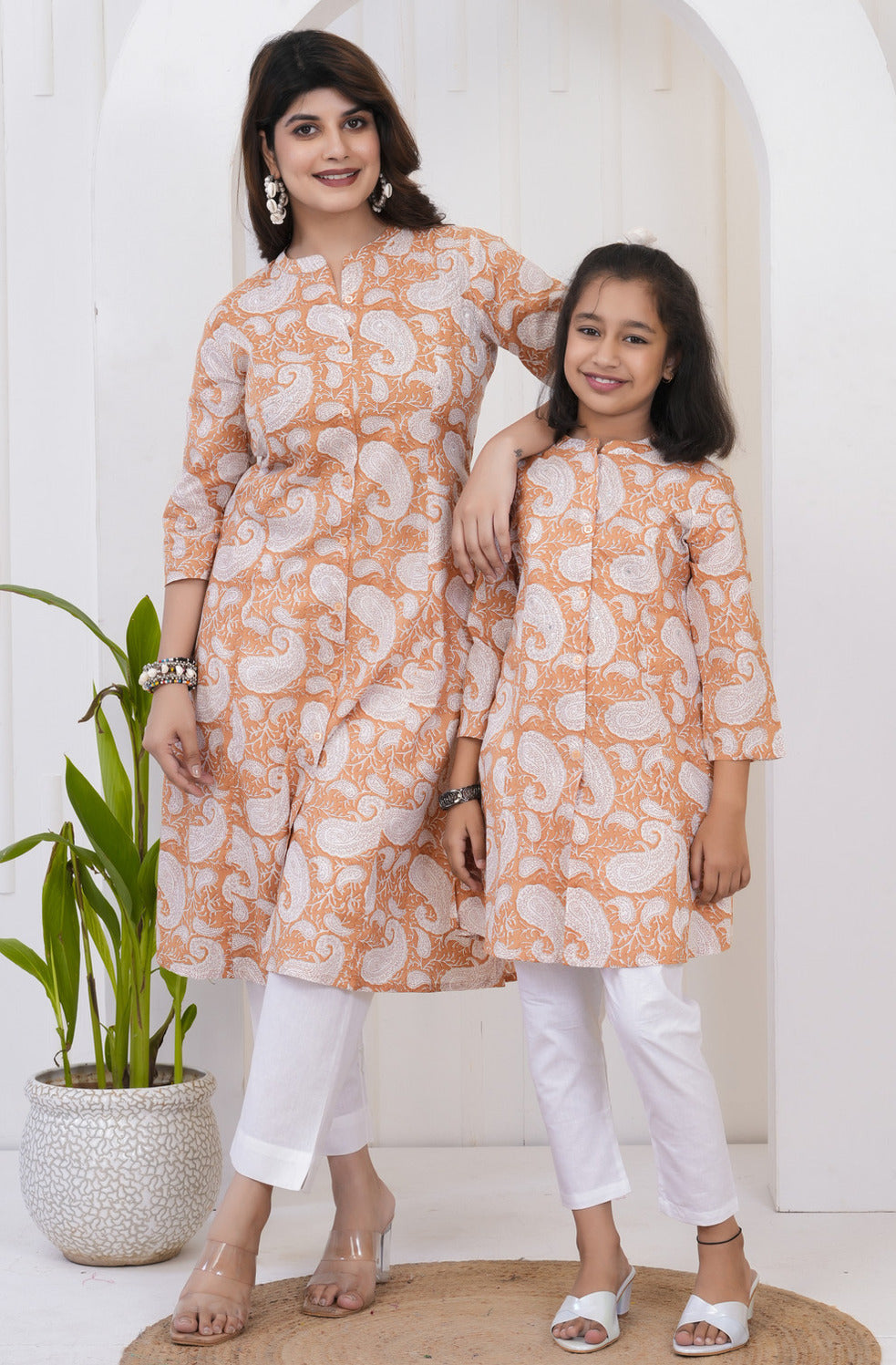 Bronze With White Floral Print Cotton Kurti