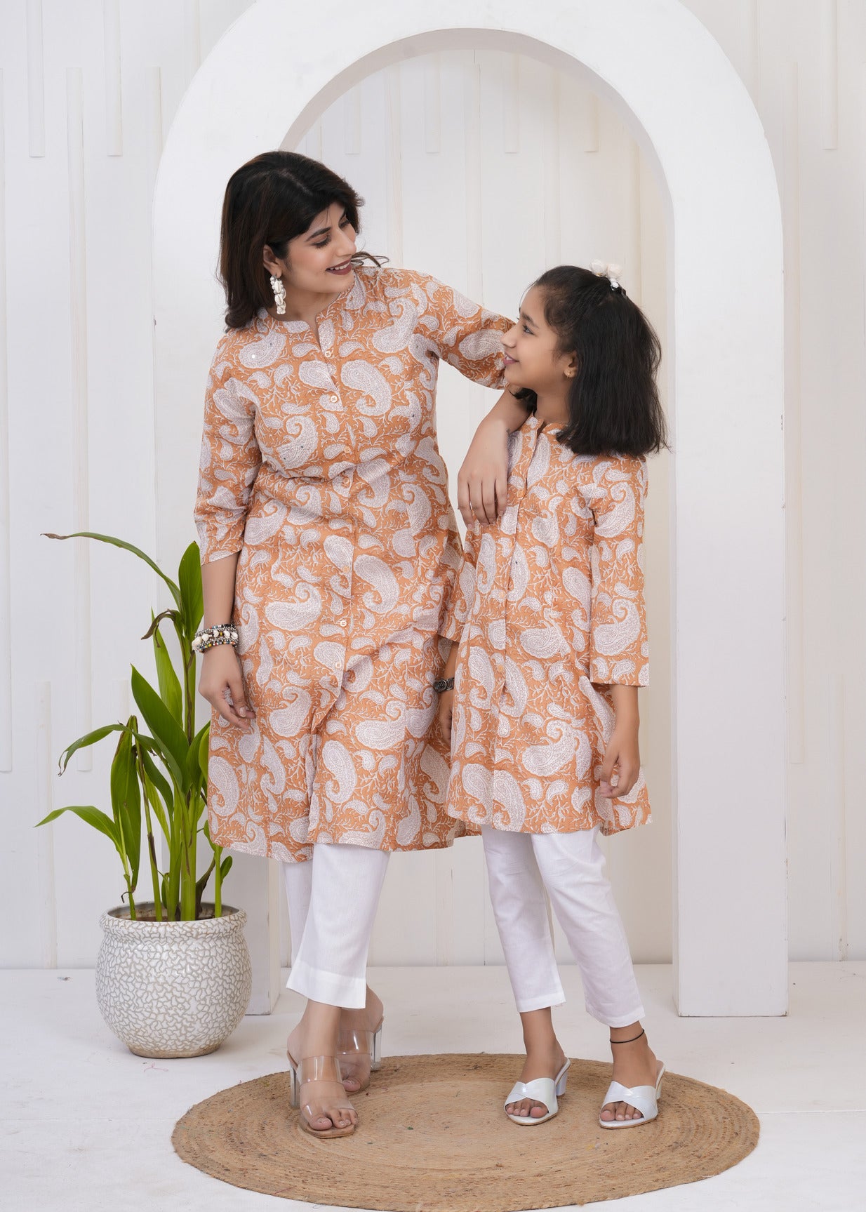 Bronze With White Floral Print Cotton Kurti