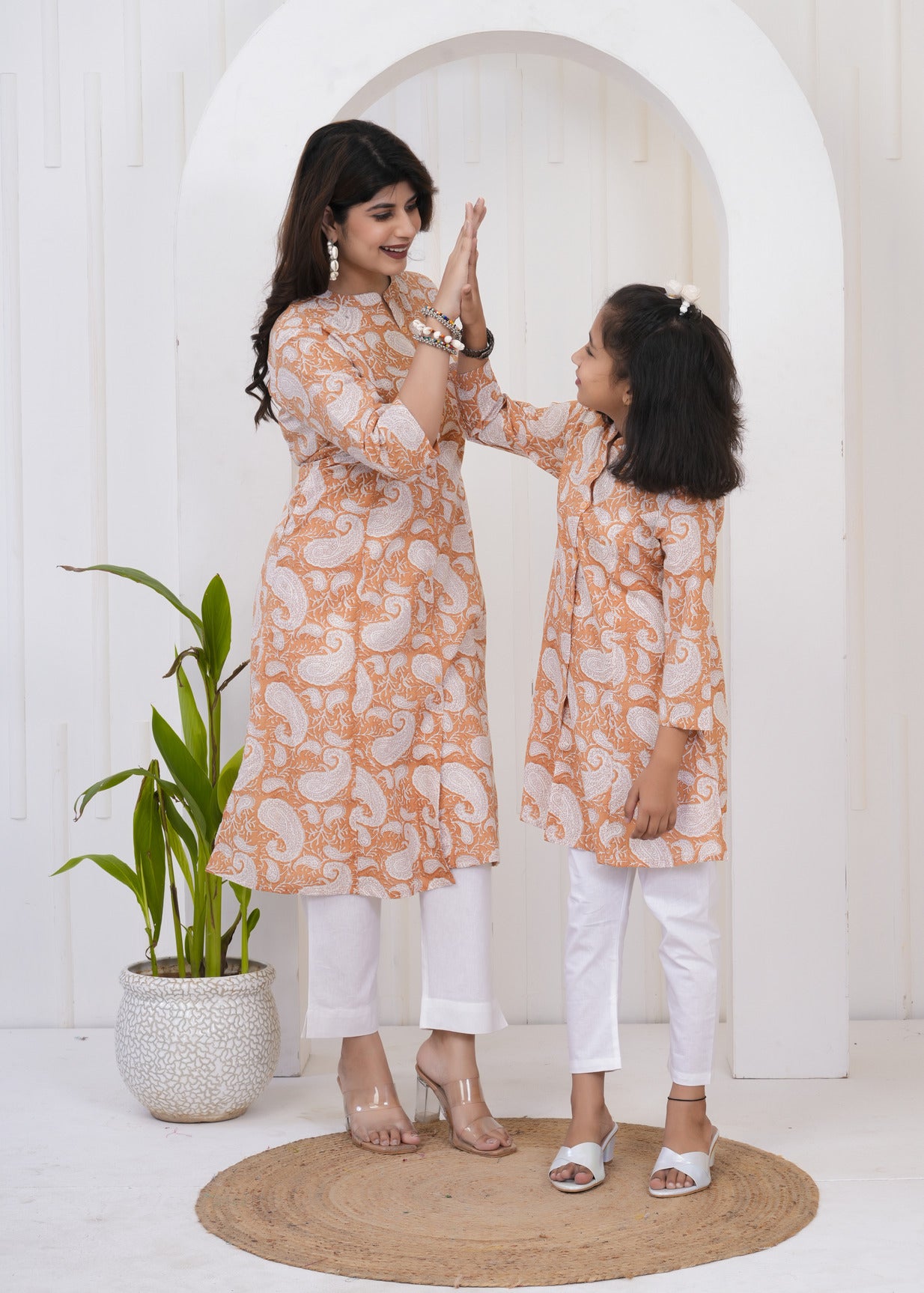 Bronze With White Floral Print Cotton Kurti