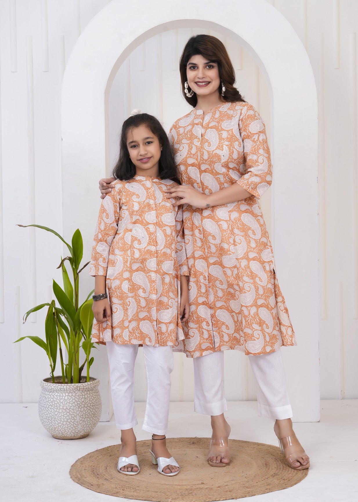 Bronze With White Floral Print Cotton Kurti