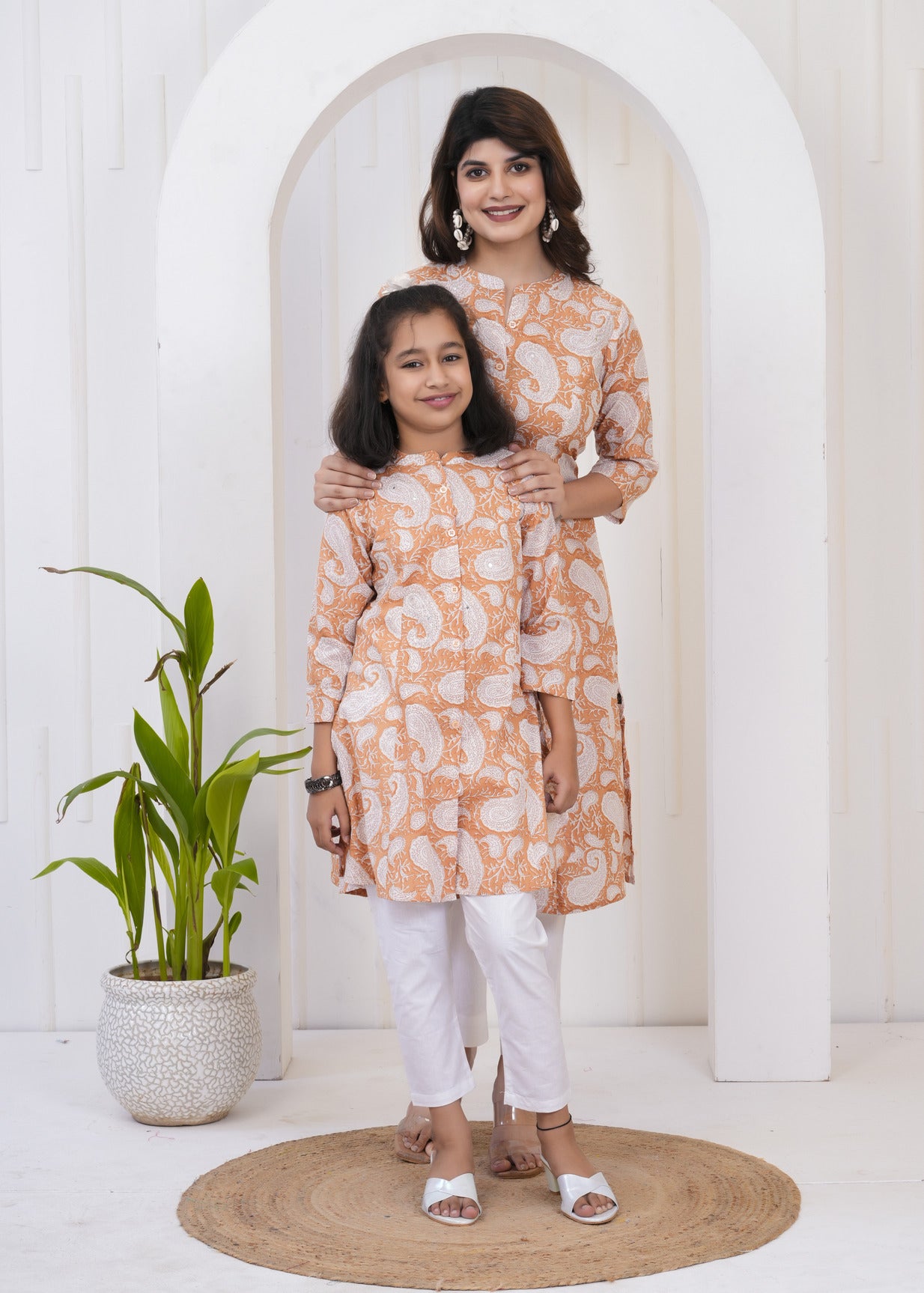 Bronze With White Floral Print Cotton Kurti