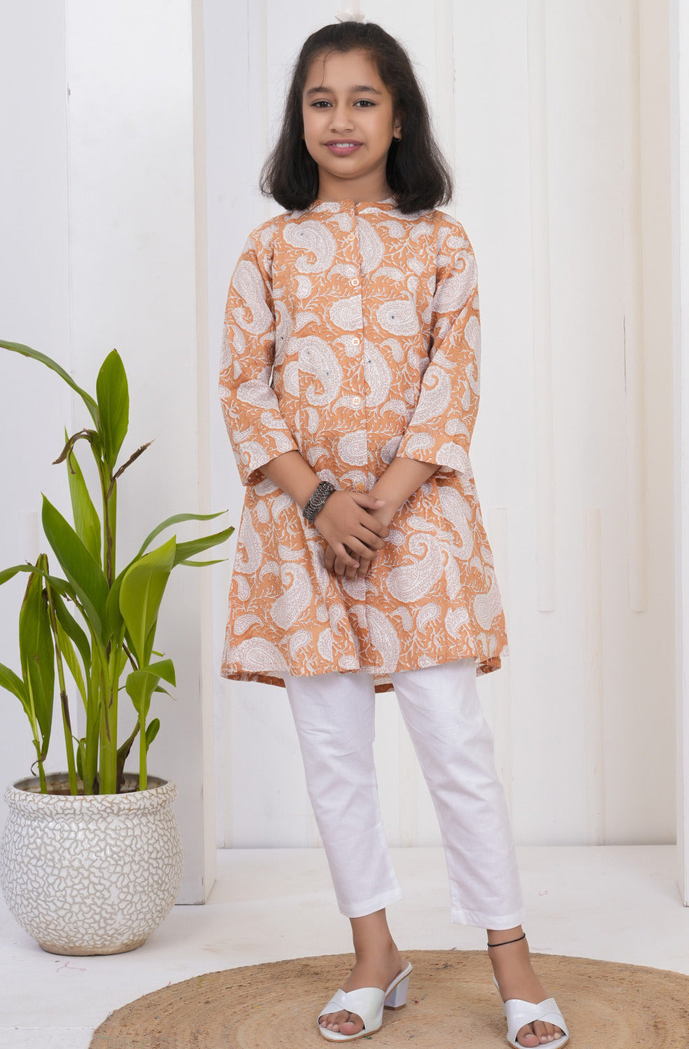 Bronze With White Floral Print Cotton Kurti