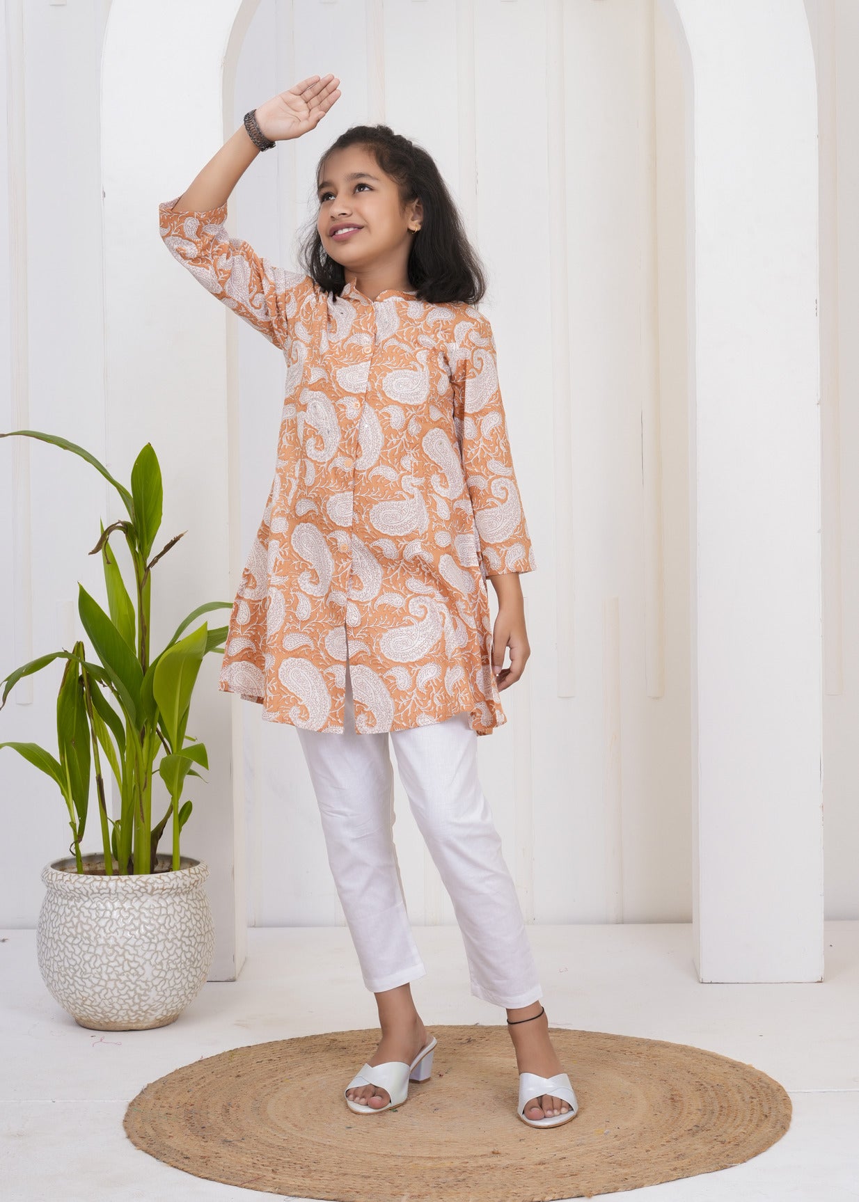 Bronze With White Floral Print Cotton Kurti