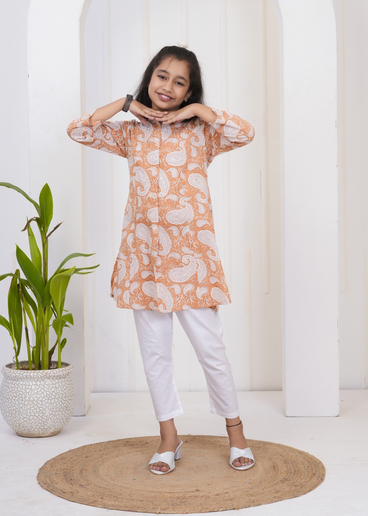 Bronze With White Floral Print Cotton Kurti