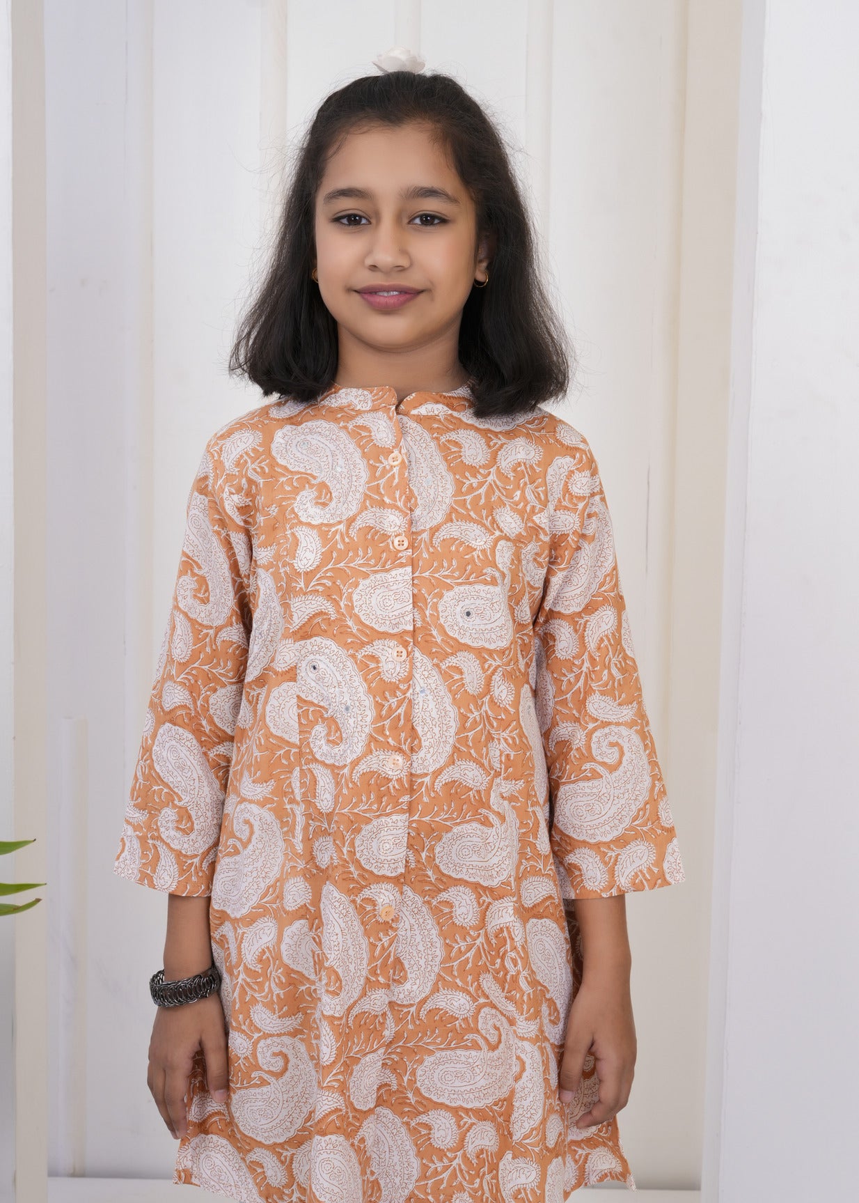 Bronze With White Floral Print Cotton Kurti