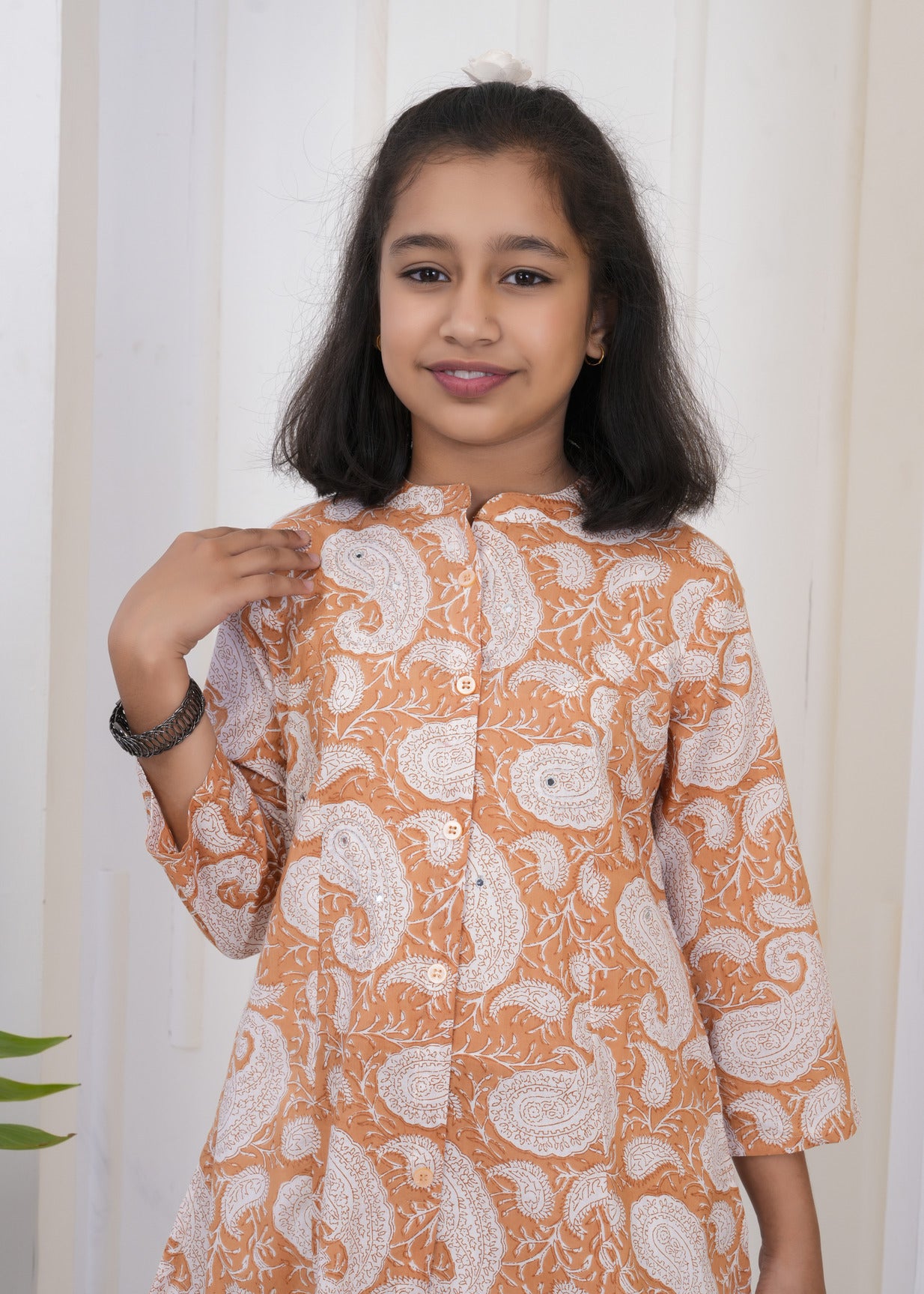 Bronze With White Floral Print Cotton Kurti