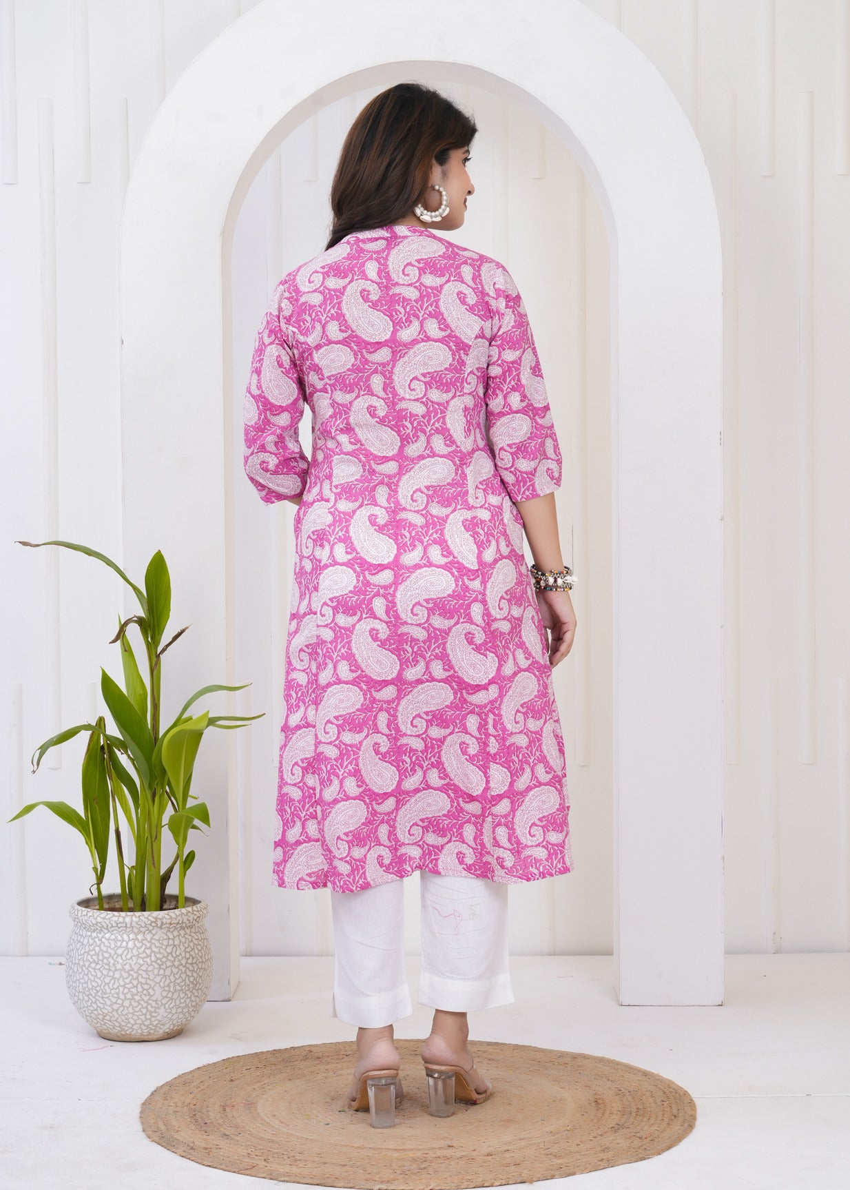 Pink With White Floral Print Cotton Kurti