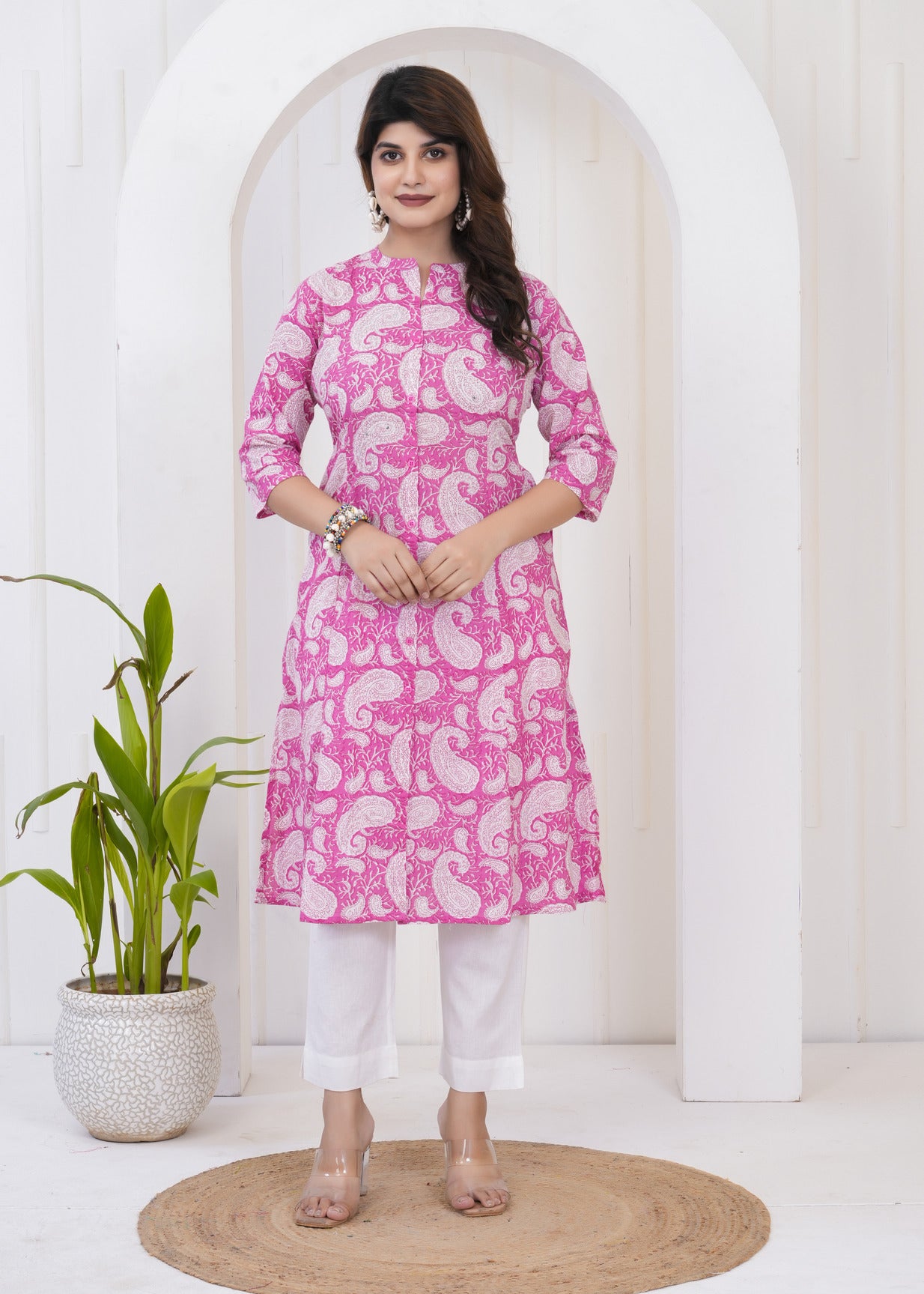 Pink With White Floral Print Cotton Kurti