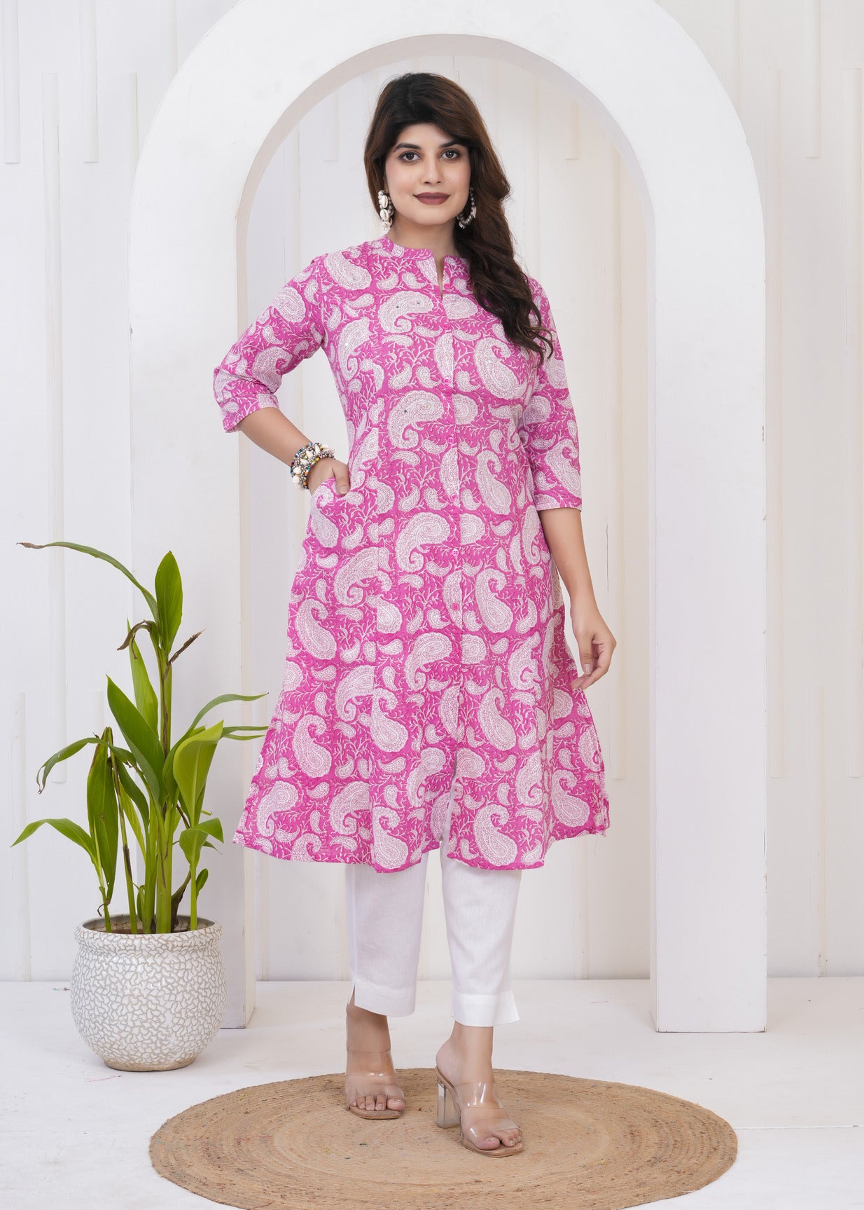 Pink With White Floral Print Cotton Kurti