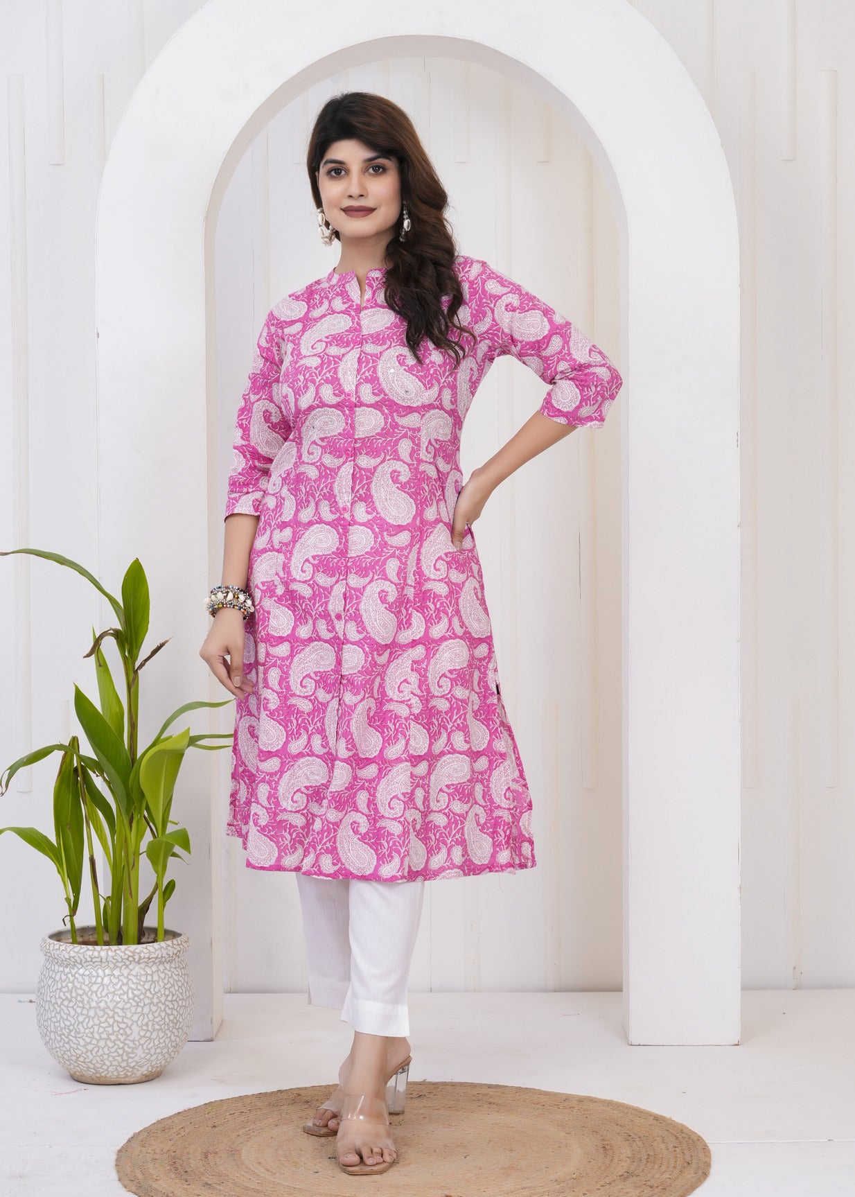 Pink With White Floral Print Cotton Kurti