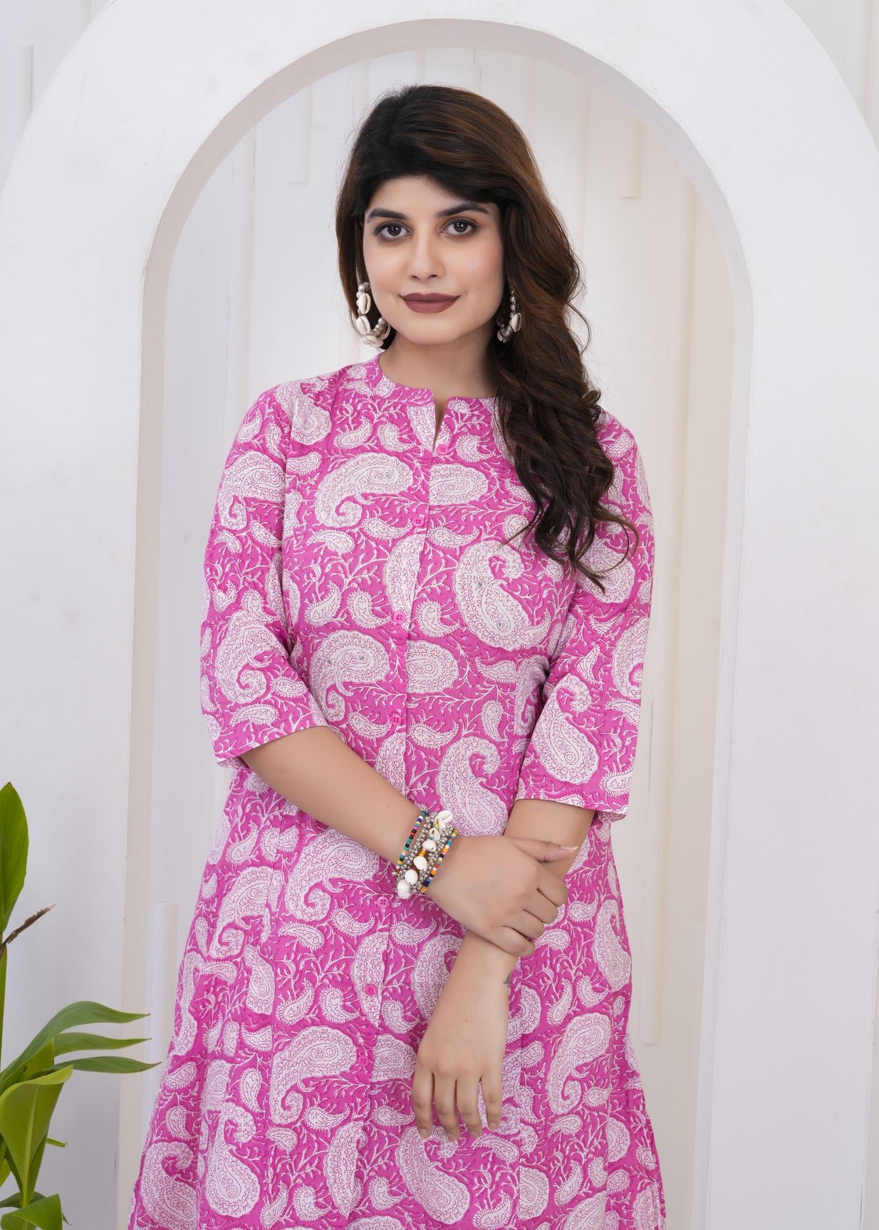 Pink With White Floral Print Cotton Kurti