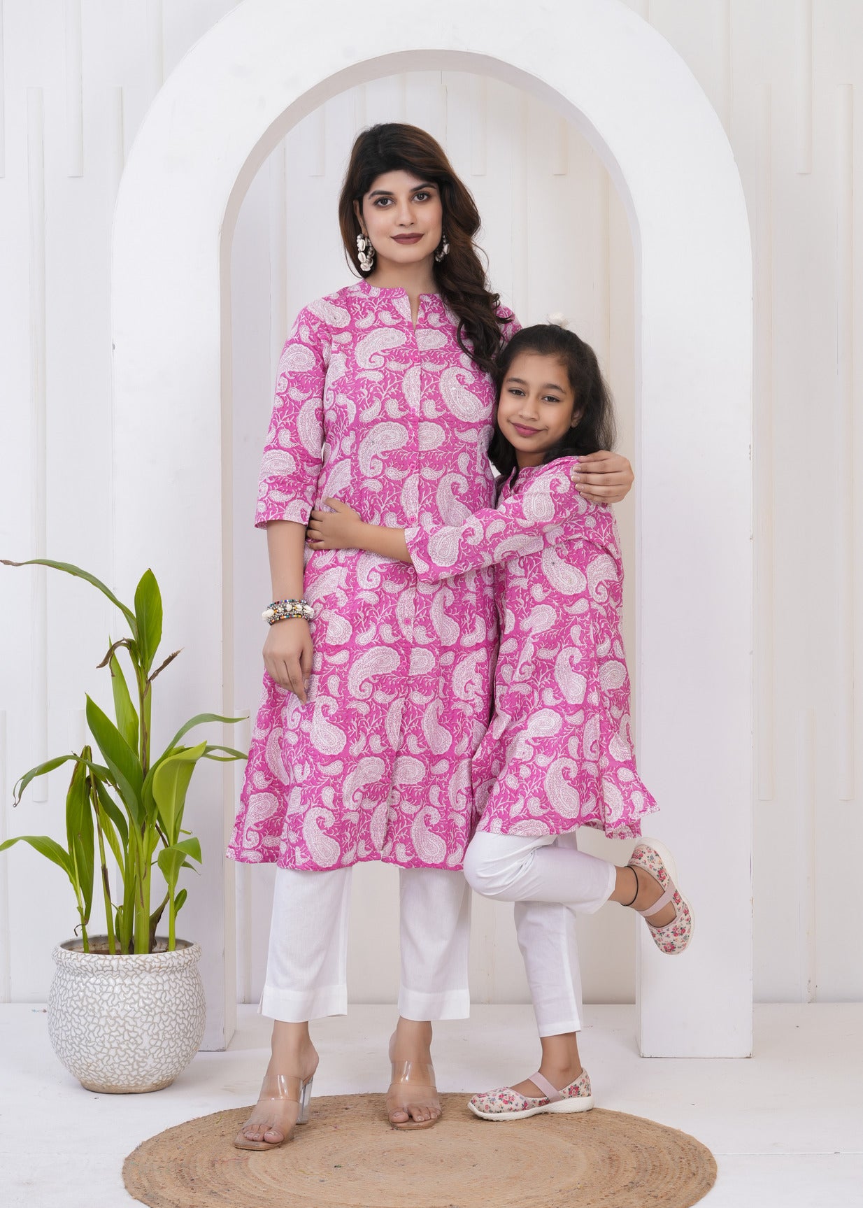 Pink With White Floral Print Cotton Kurti