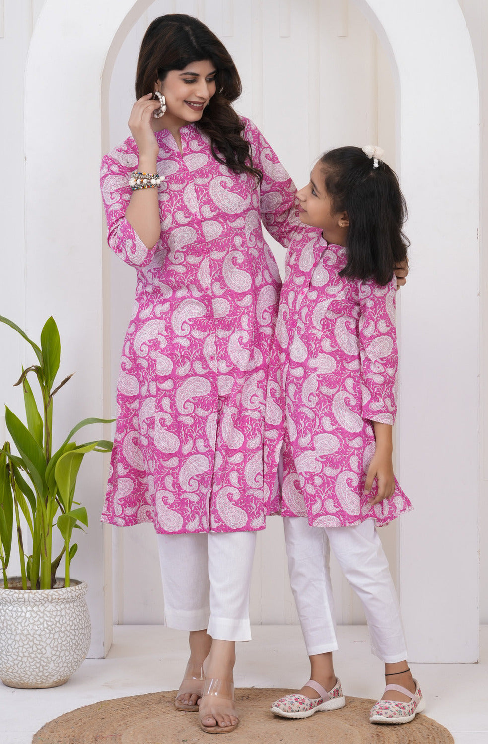 Pink With White Floral Print Cotton Kurti