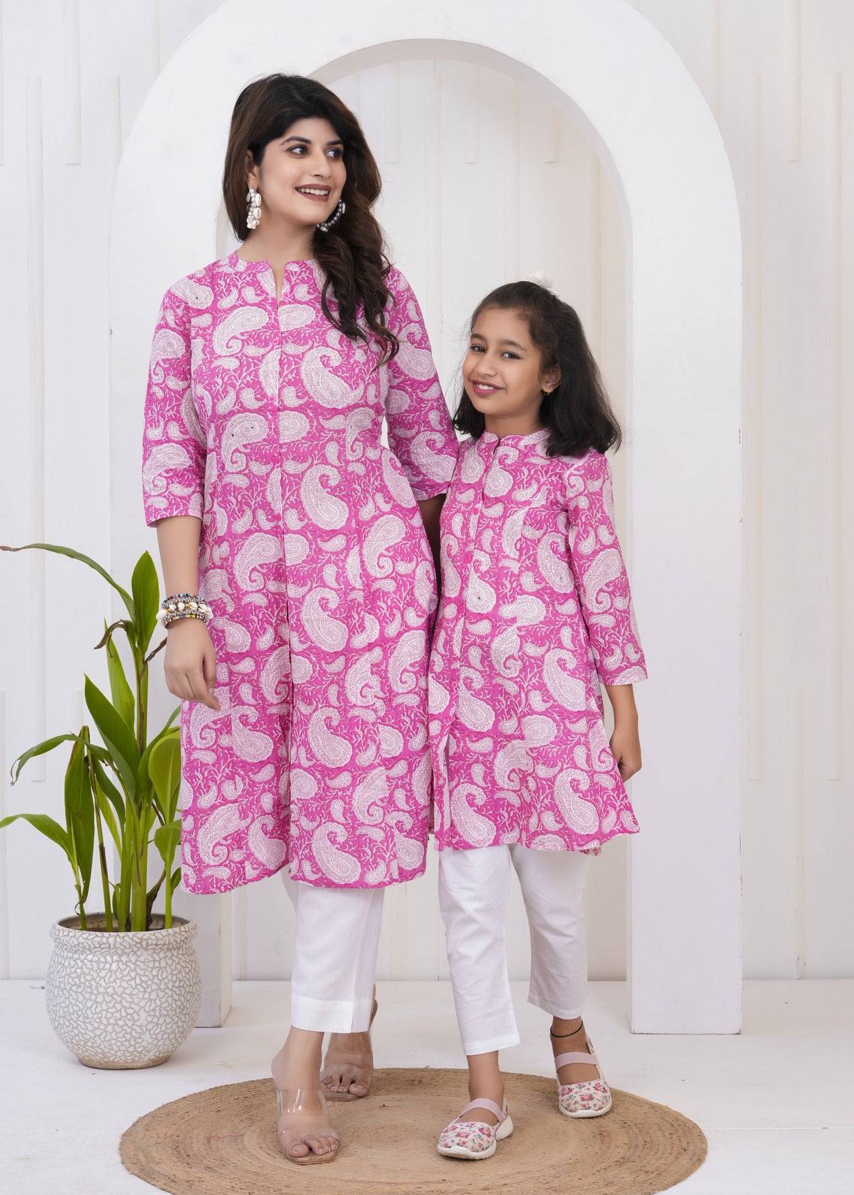 Pink With White Floral Print Cotton Kurti