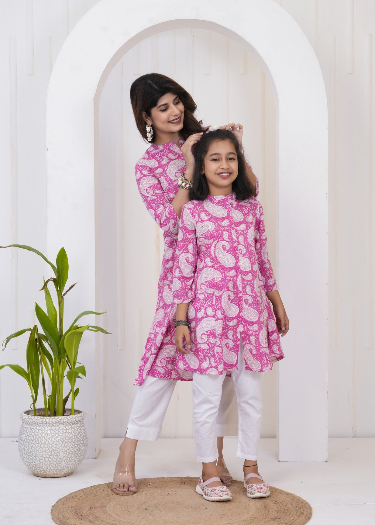 Pink With White Floral Print Cotton Kurti