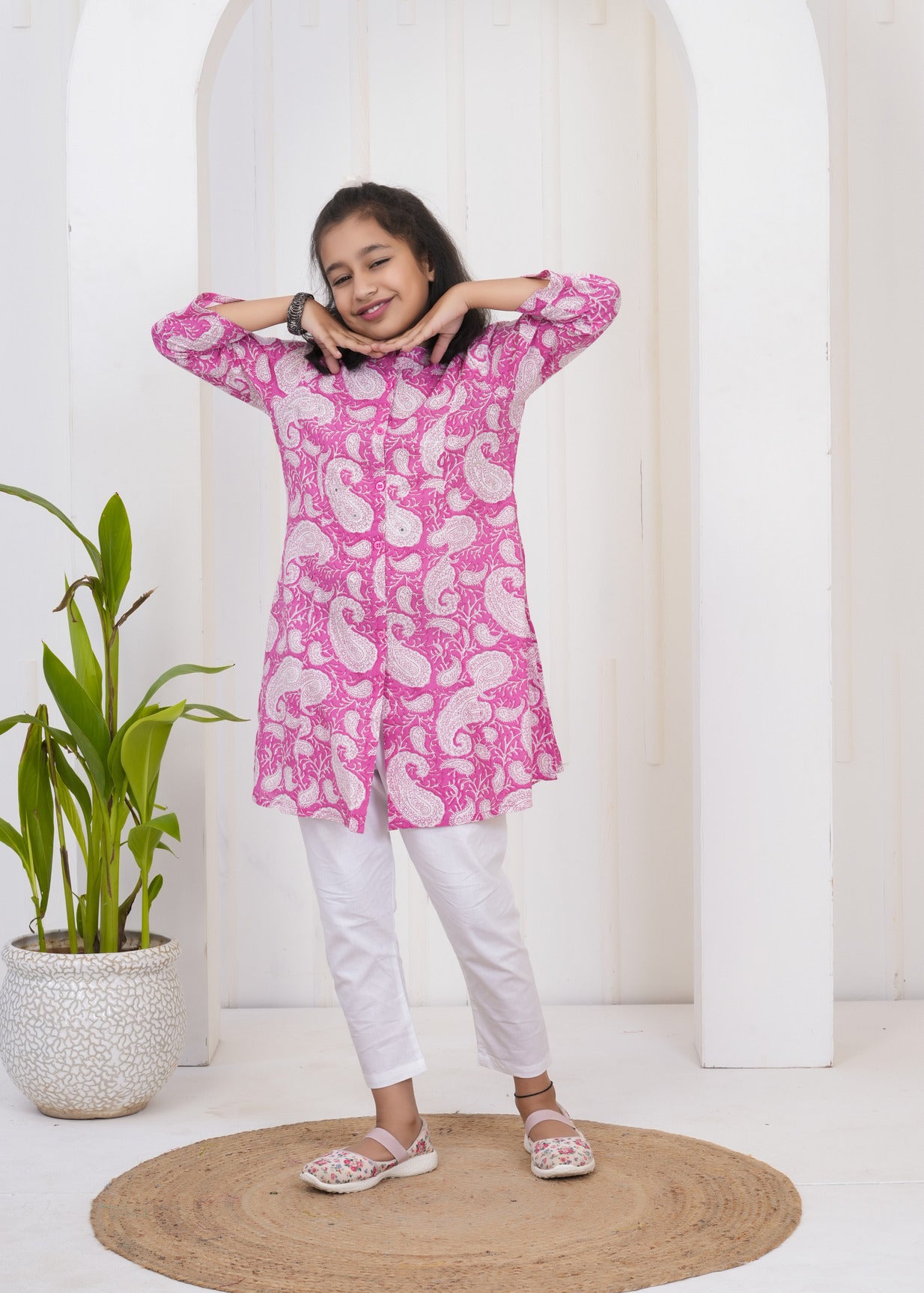 Pink With White Floral Print Cotton Kurti