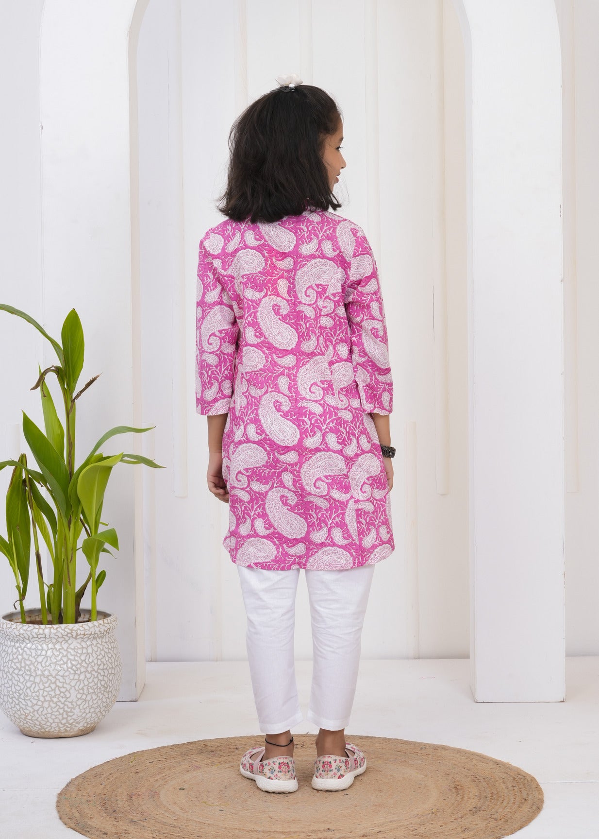 Pink With White Floral Print Cotton Kurti