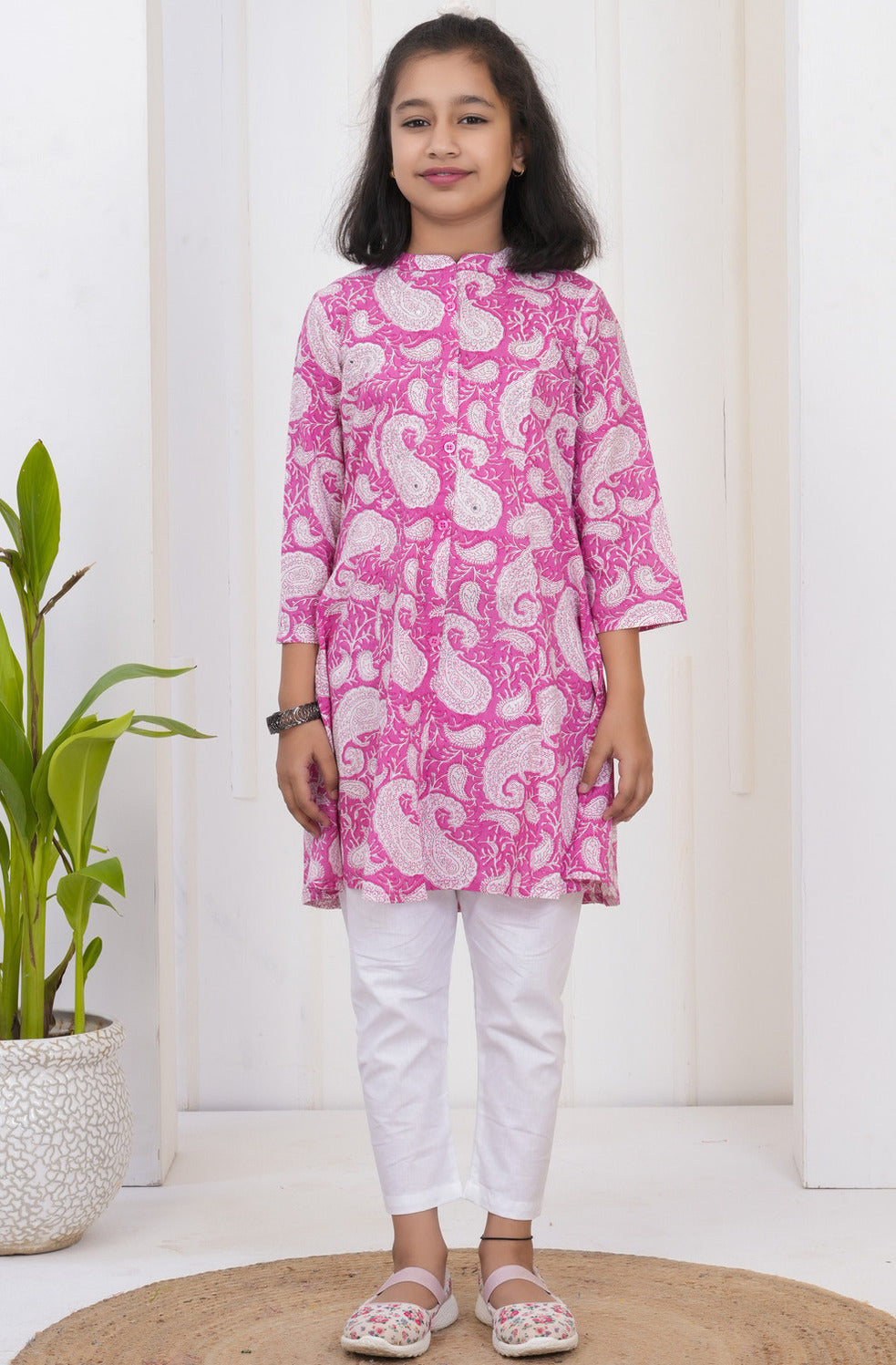 Pink With White Floral Print Cotton Kurti