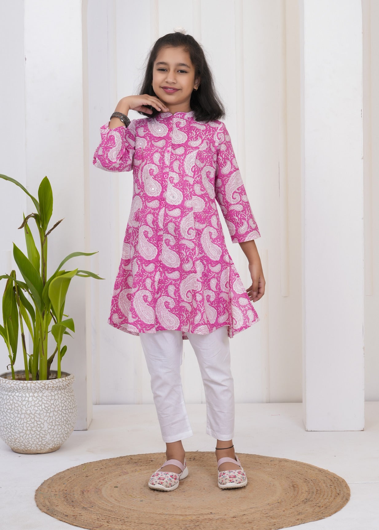 Pink With White Floral Print Cotton Kurti