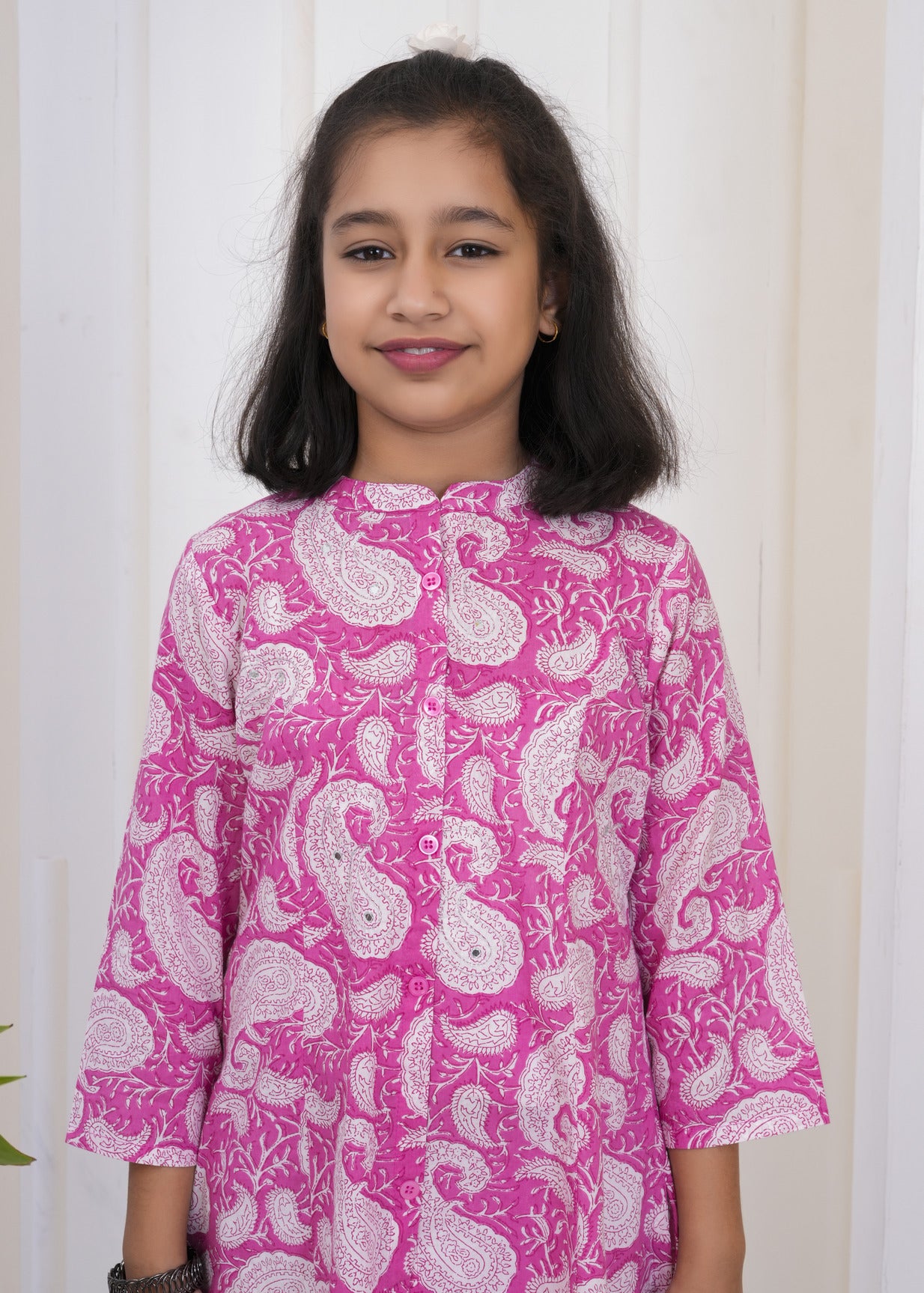 Pink With White Floral Print Cotton Kurti