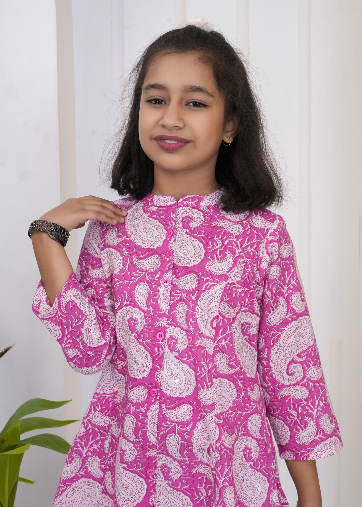 Pink With White Floral Print Cotton Kurti