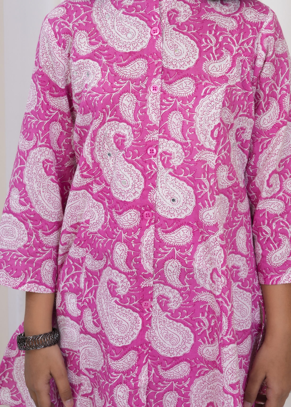 Pink With White Floral Print Cotton Kurti