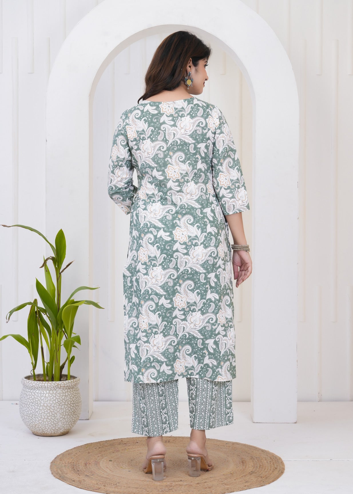 Green With White Floral Printed Cotton Suit Set