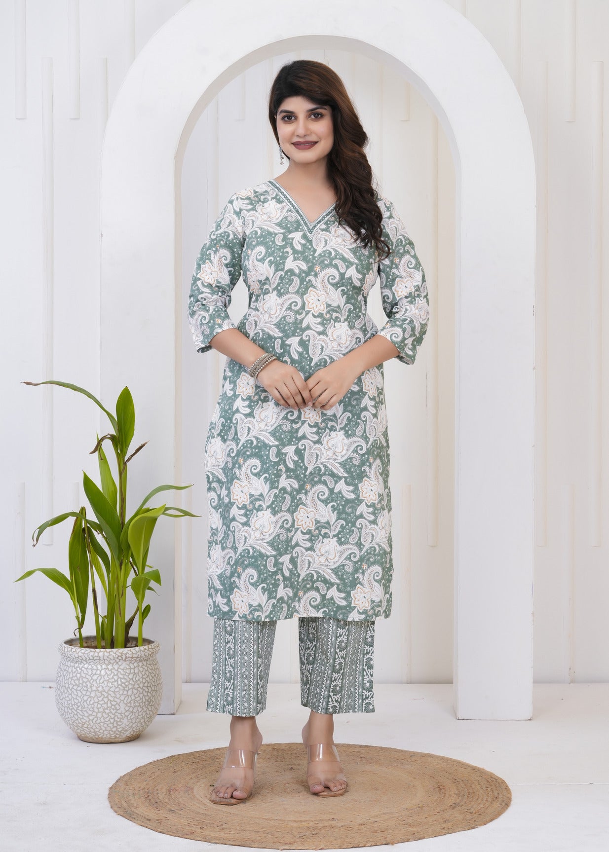 Green With White Floral Printed Cotton Suit Set