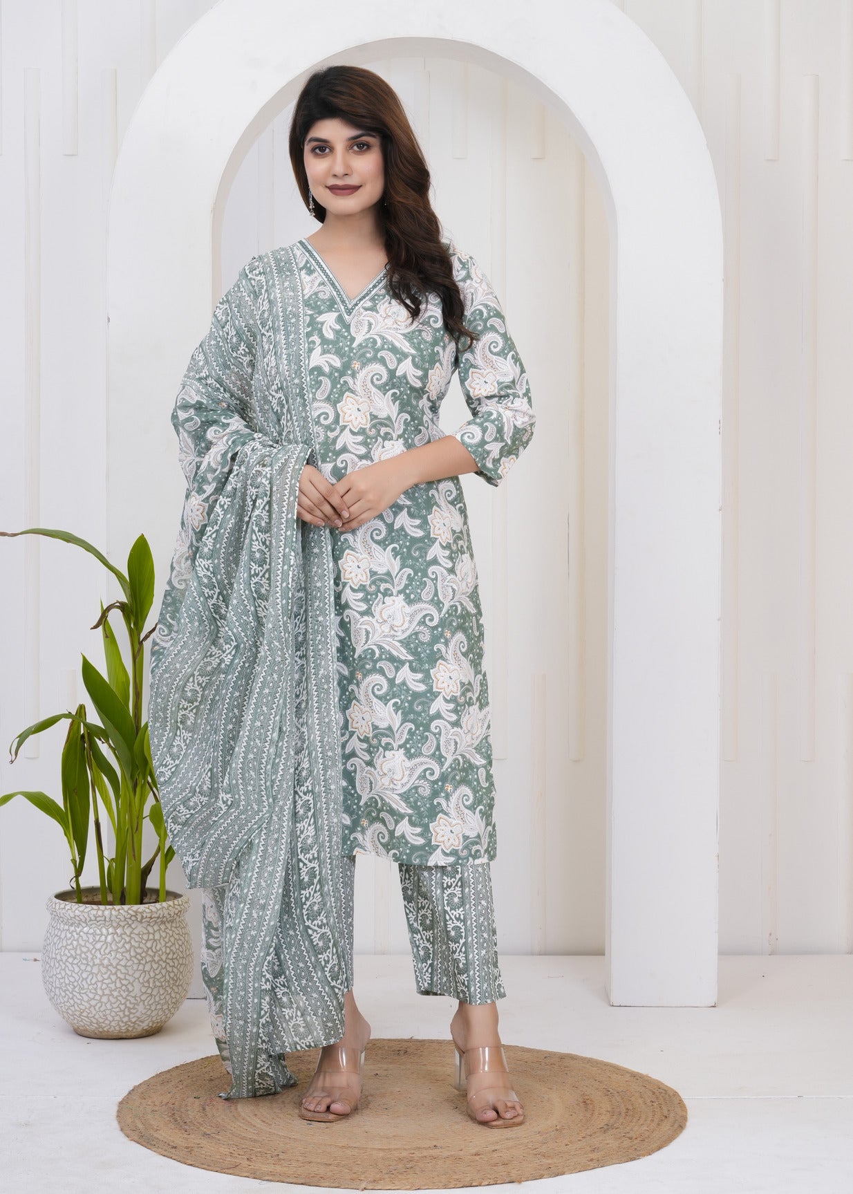 Green With White Floral Printed Cotton Suit Set