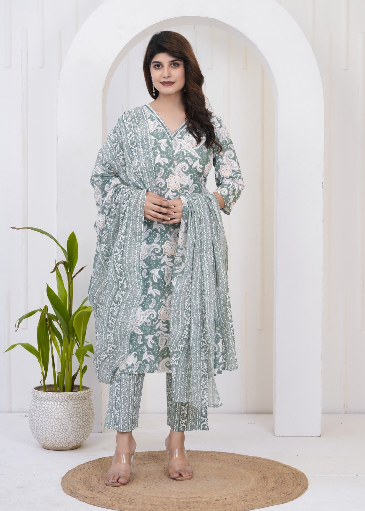 Green With White Floral Printed Cotton Suit Set