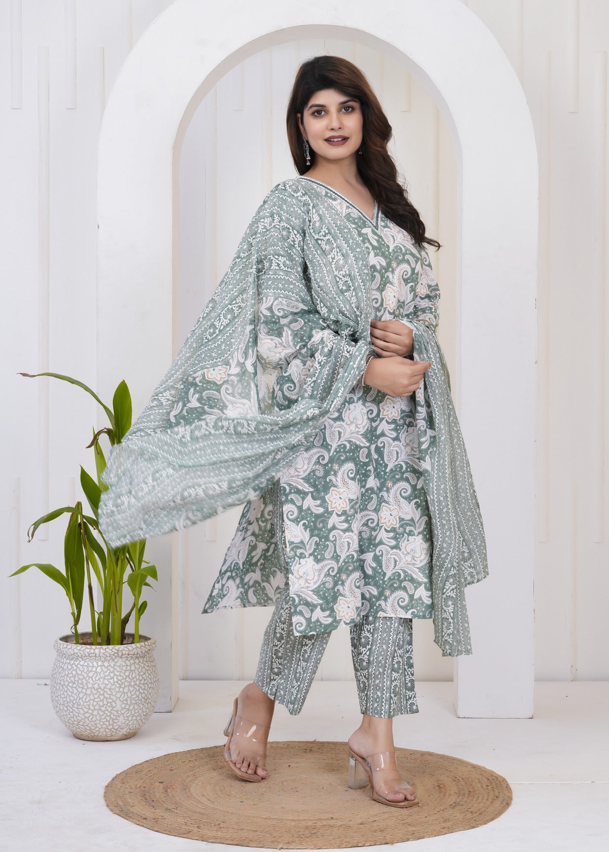 Green With White Floral Printed Cotton Suit Set