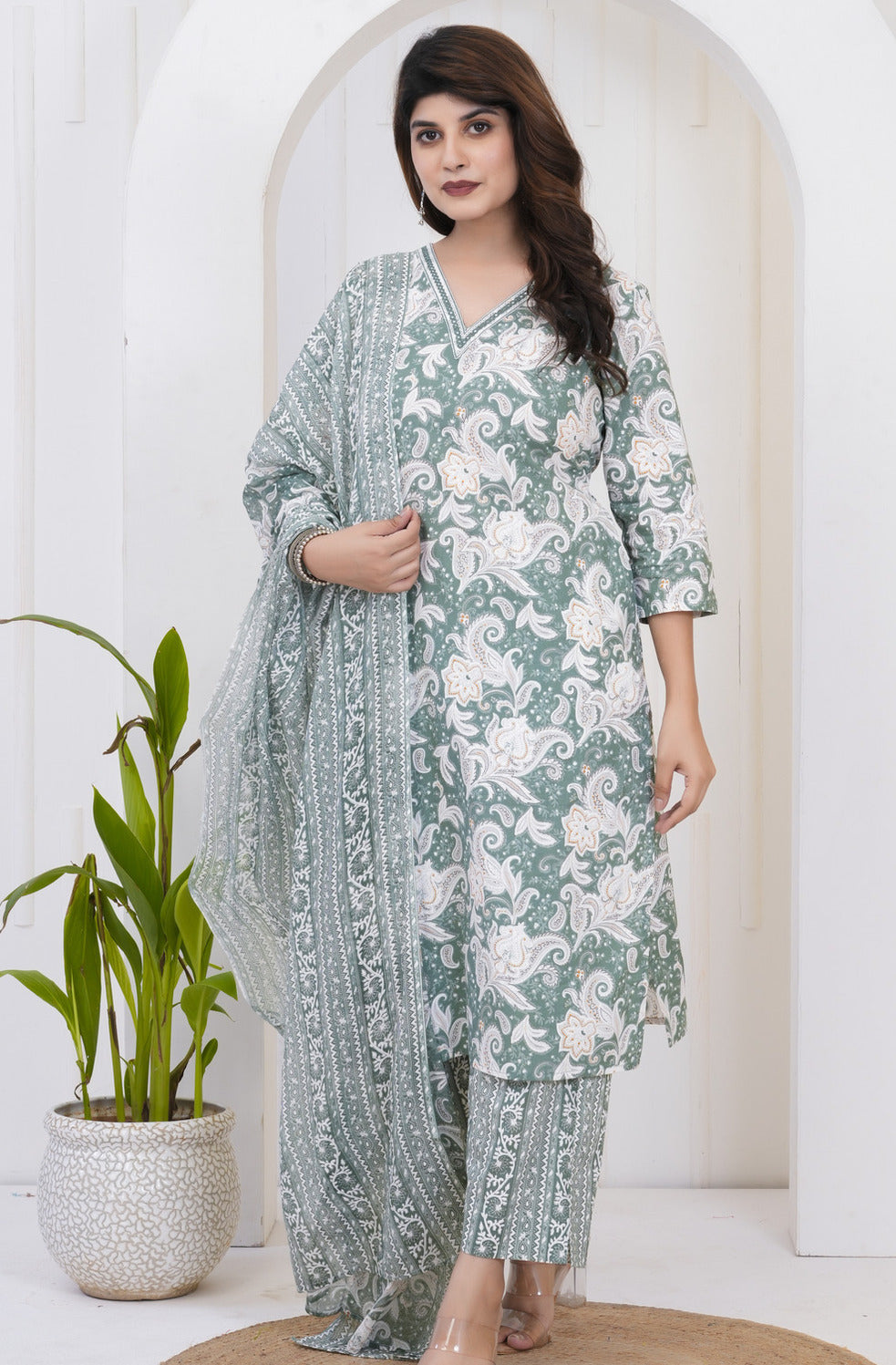 Green With White Floral Printed Cotton Suit Set