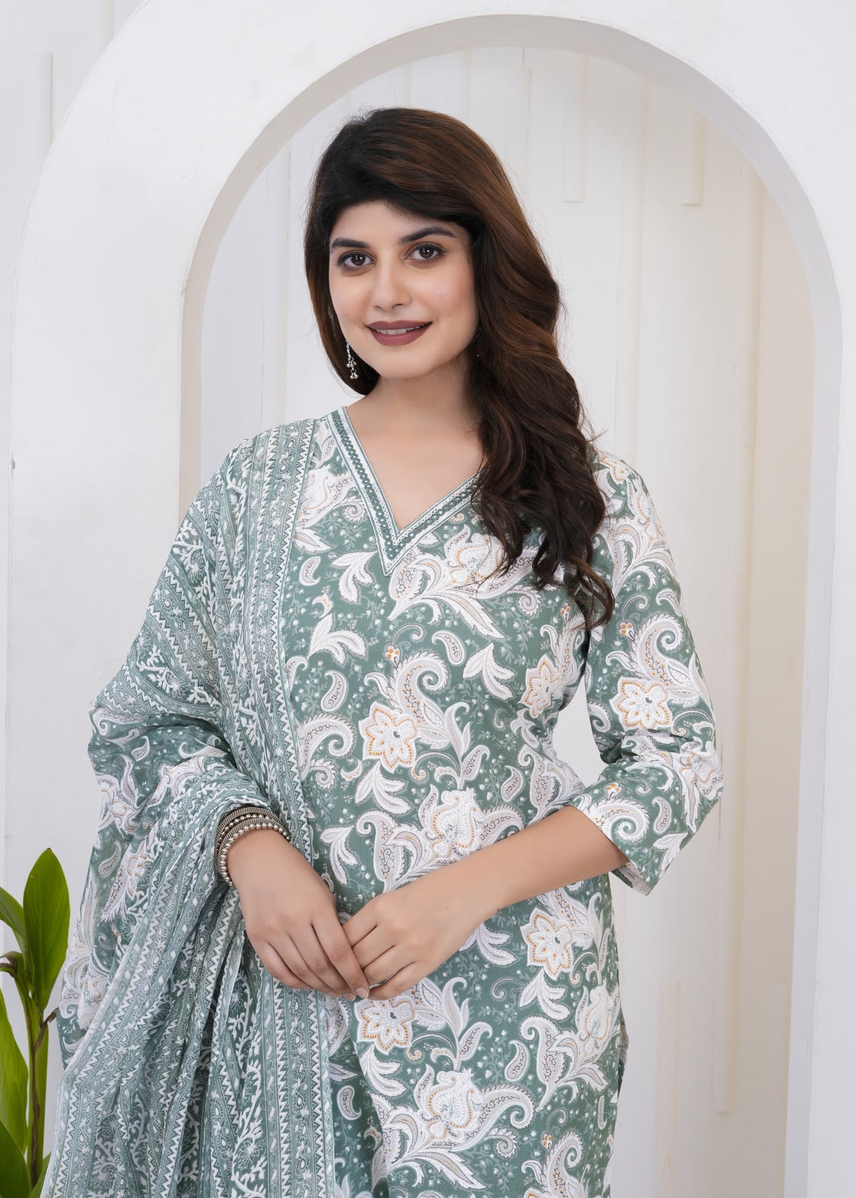 Green With White Floral Printed Cotton Suit Set