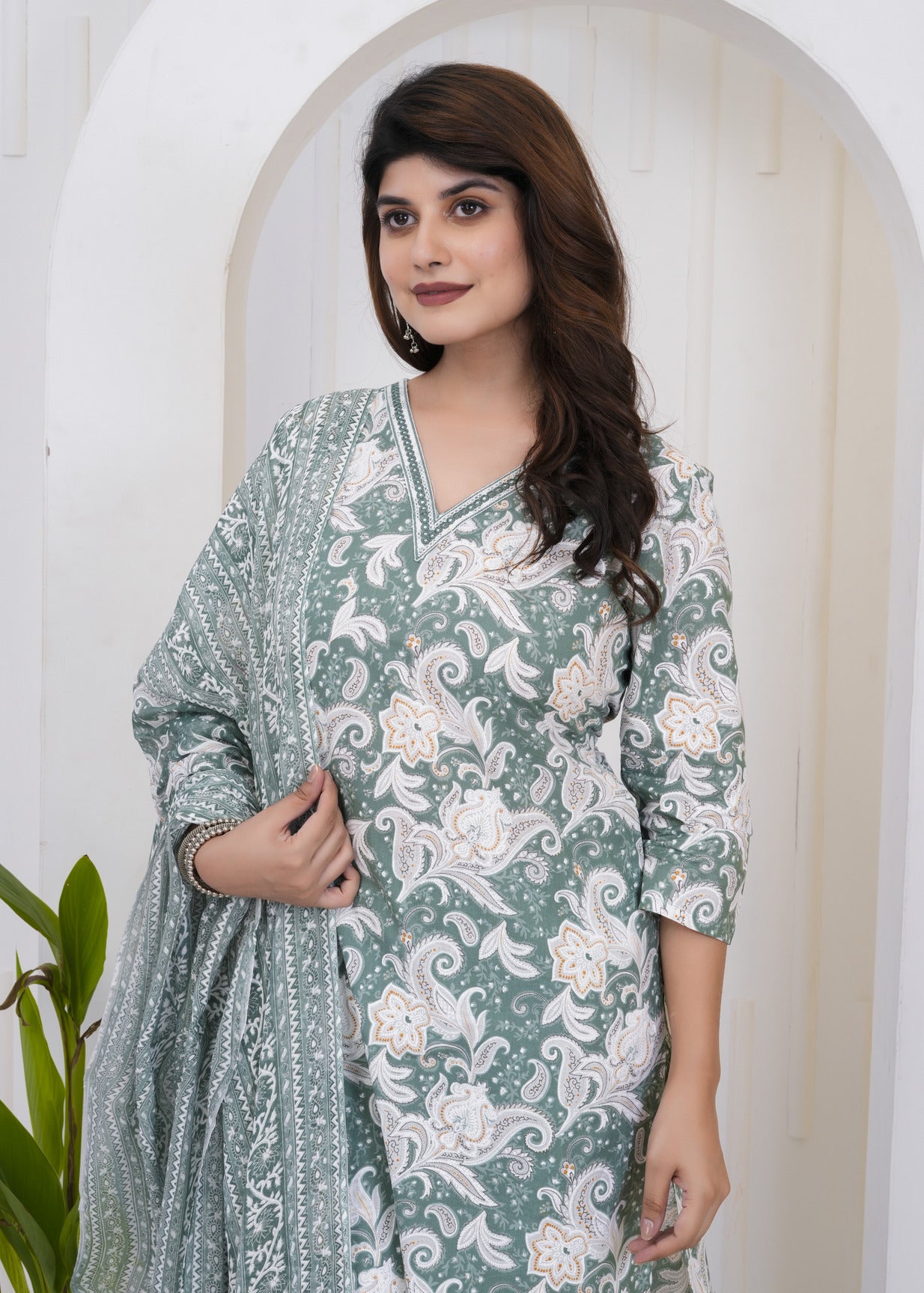 Green With White Floral Printed Cotton Suit Set