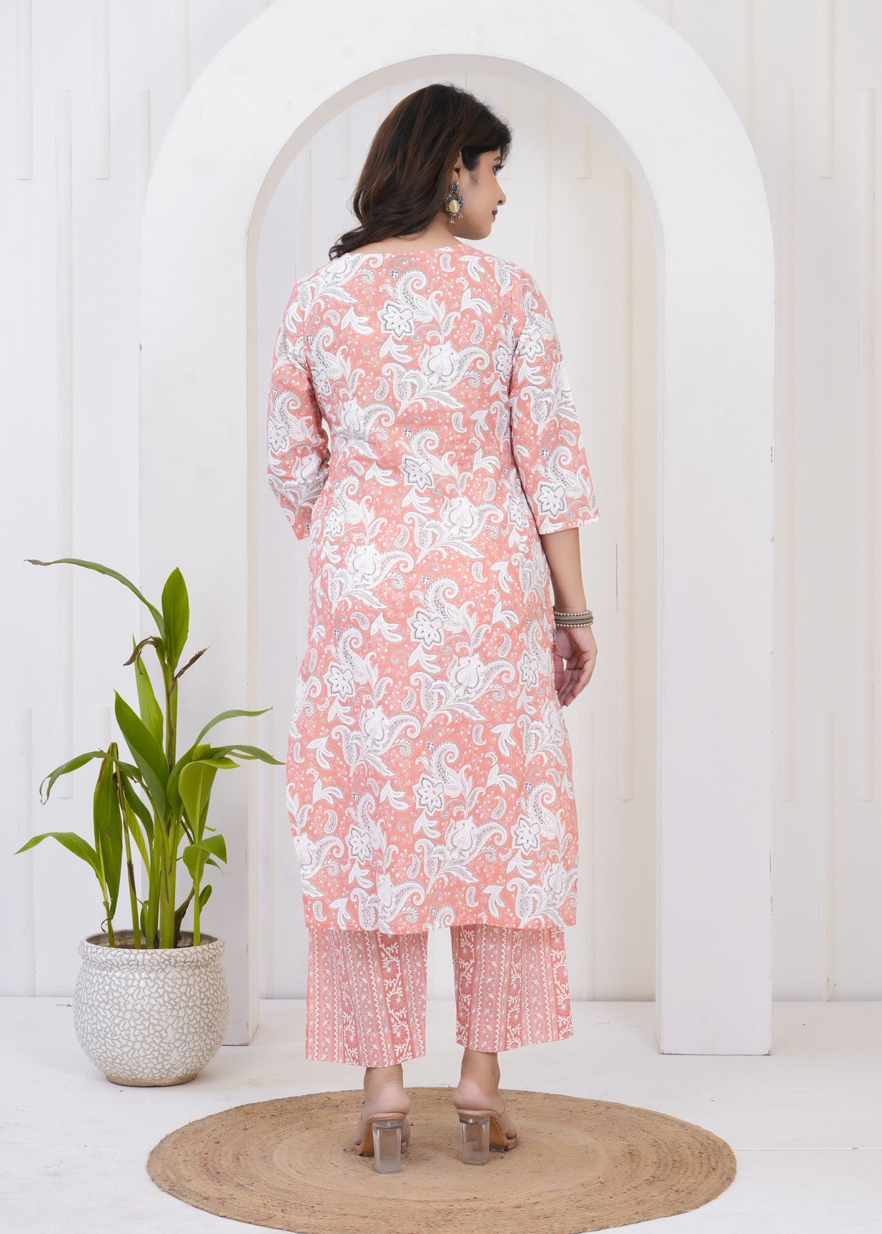 Orange With White Floral Printed Cotton Suit Set