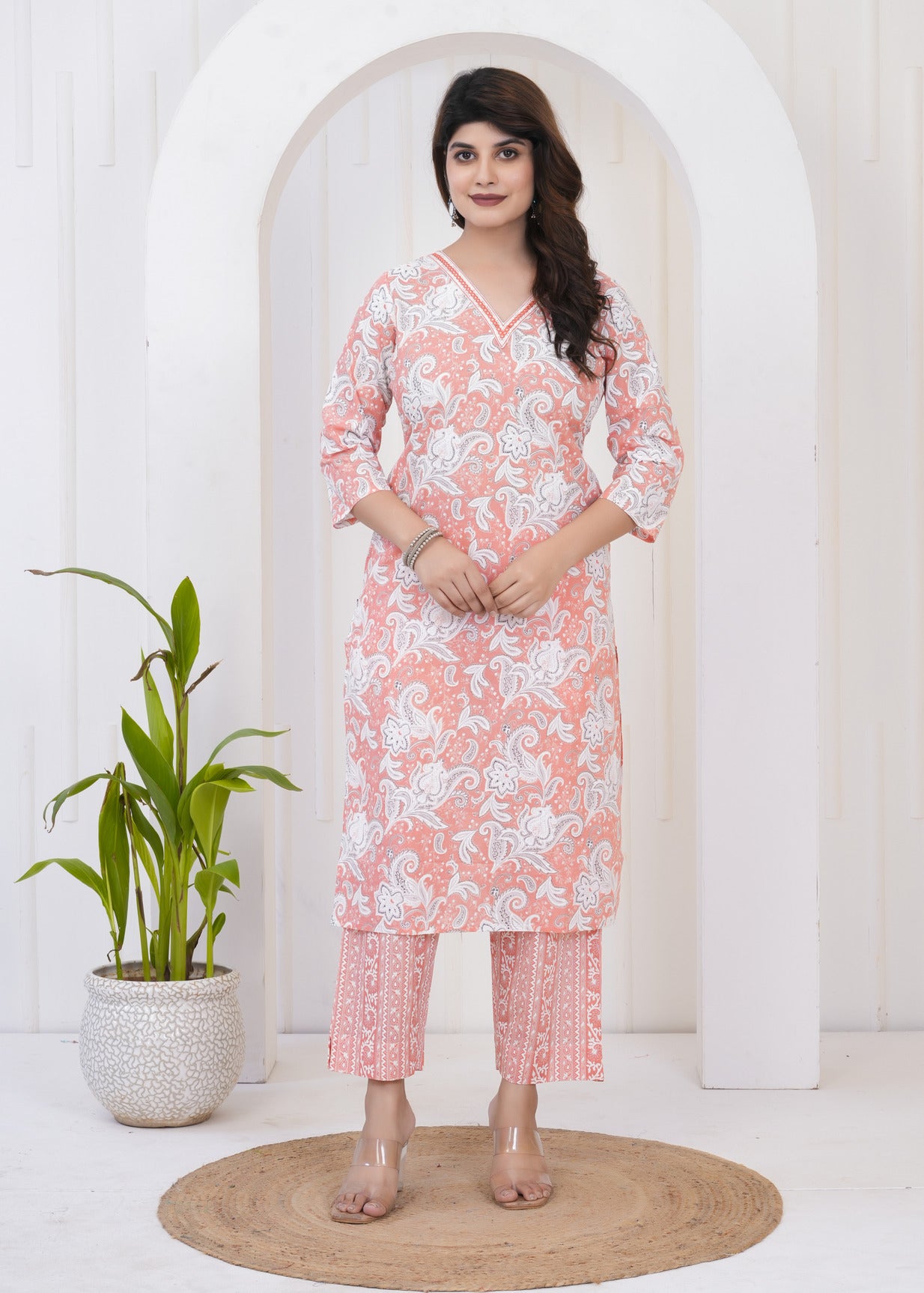 Orange With White Floral Printed Cotton Suit Set