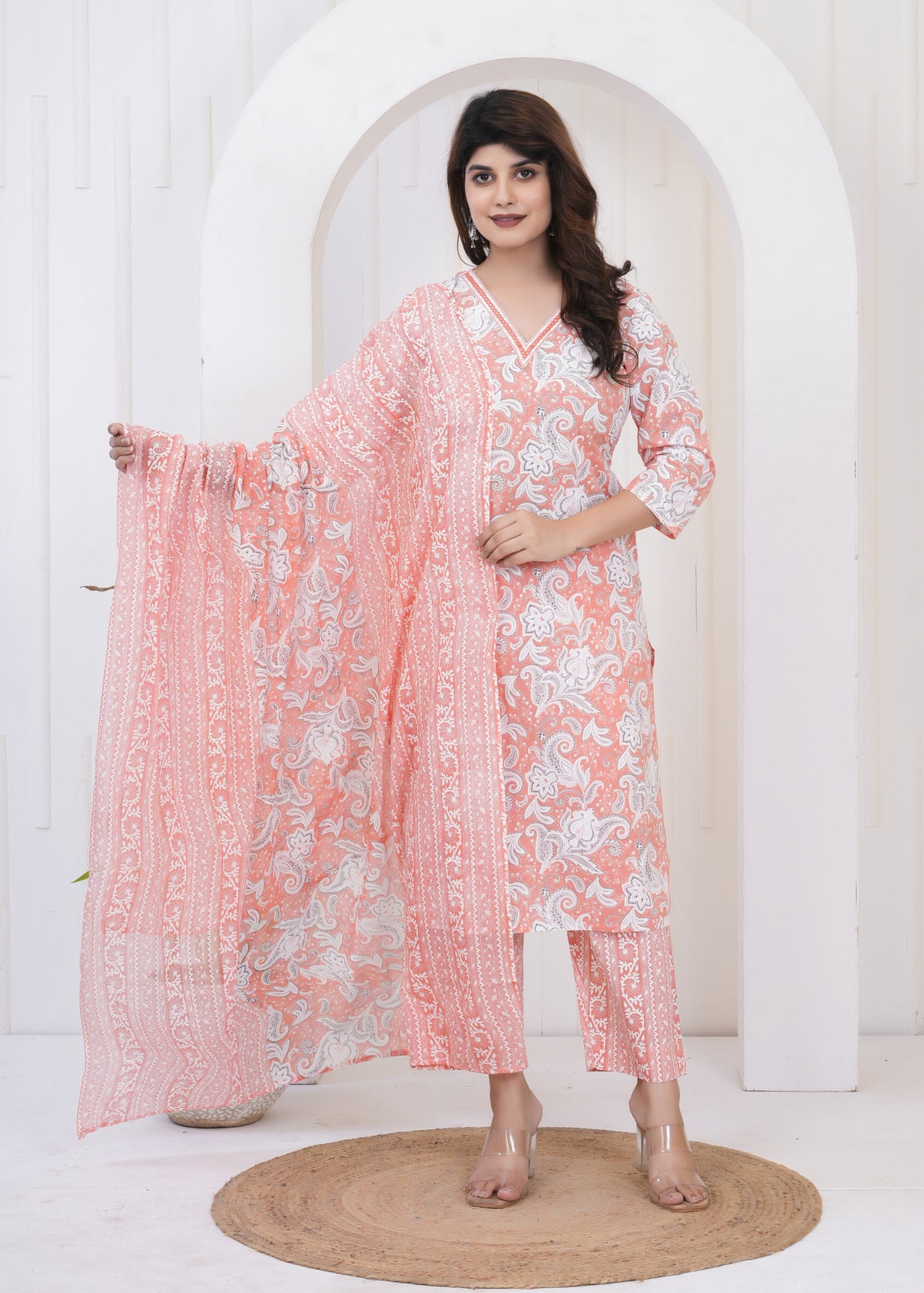 Orange With White Floral Printed Cotton Suit Set