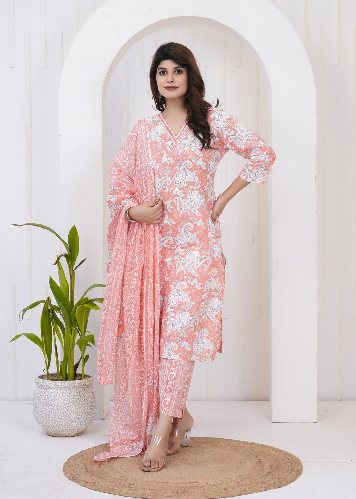 Orange With White Floral Printed Cotton Suit Set