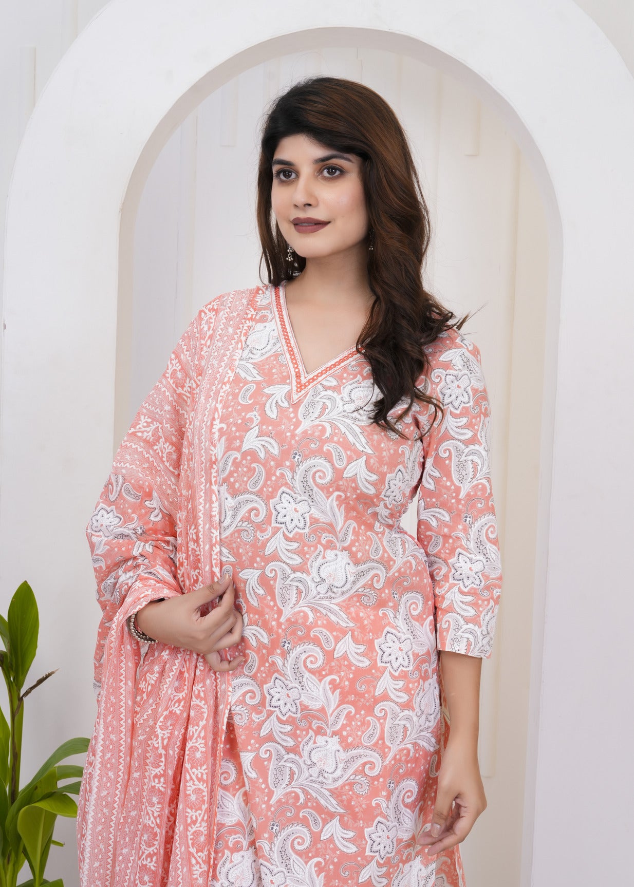 Orange With White Floral Printed Cotton Suit Set