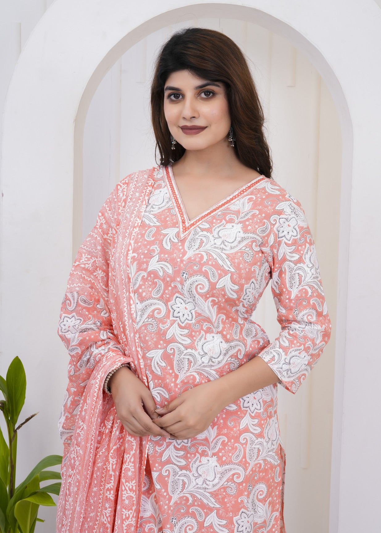 Orange With White Floral Printed Cotton Suit Set