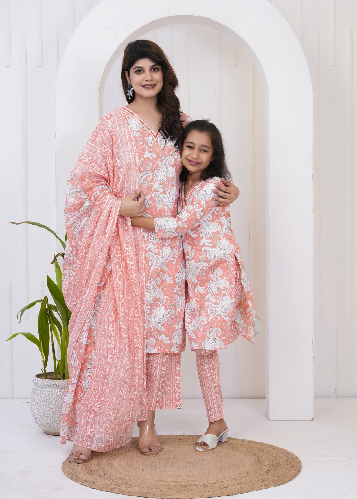 Orange With White Floral Printed Cotton Suit Set