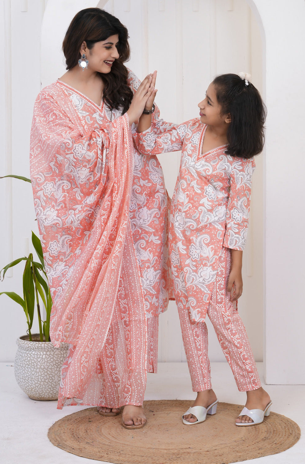 Orange With White Floral Printed Cotton Suit Set