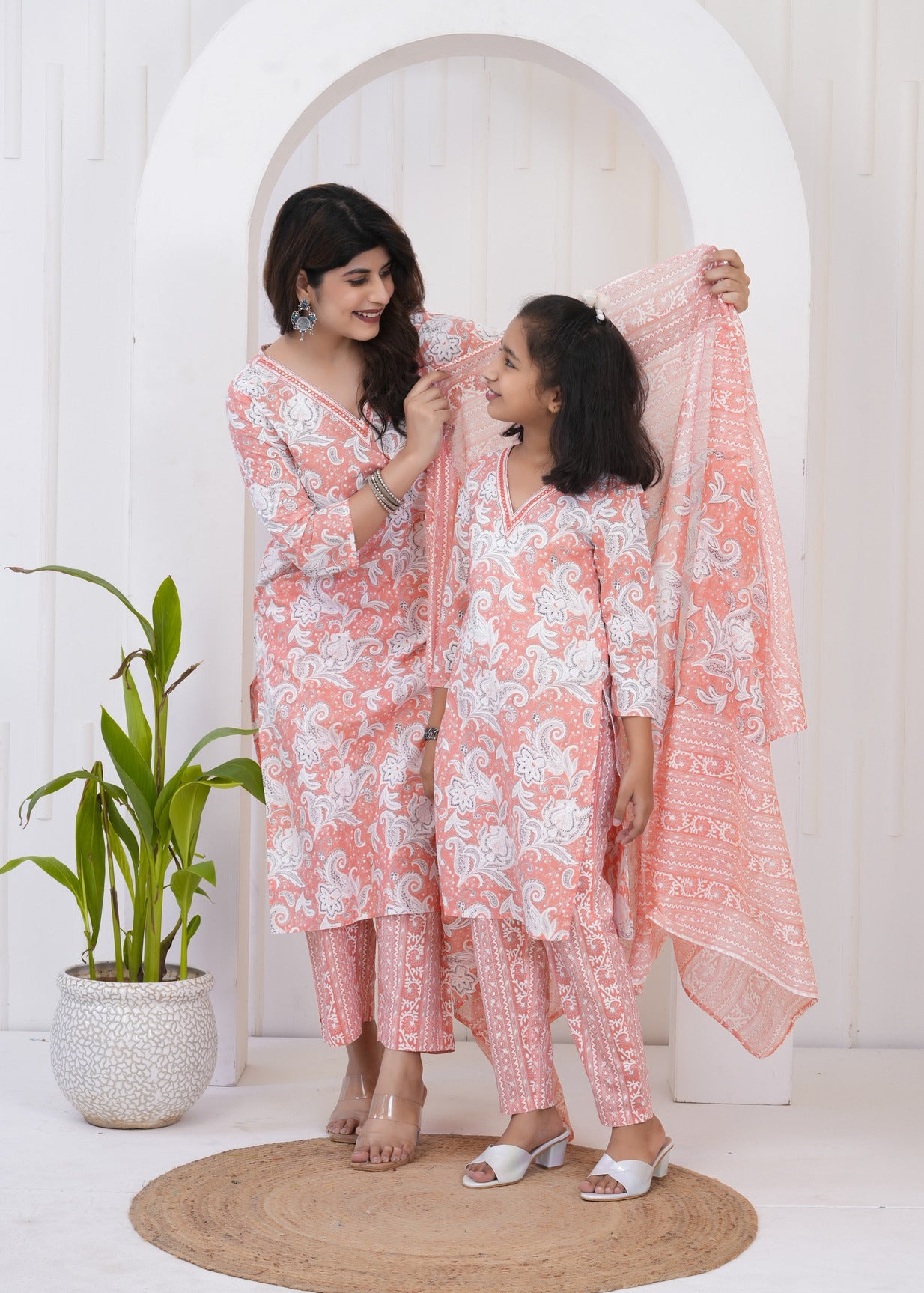 Orange With White Floral Printed Cotton Suit Set