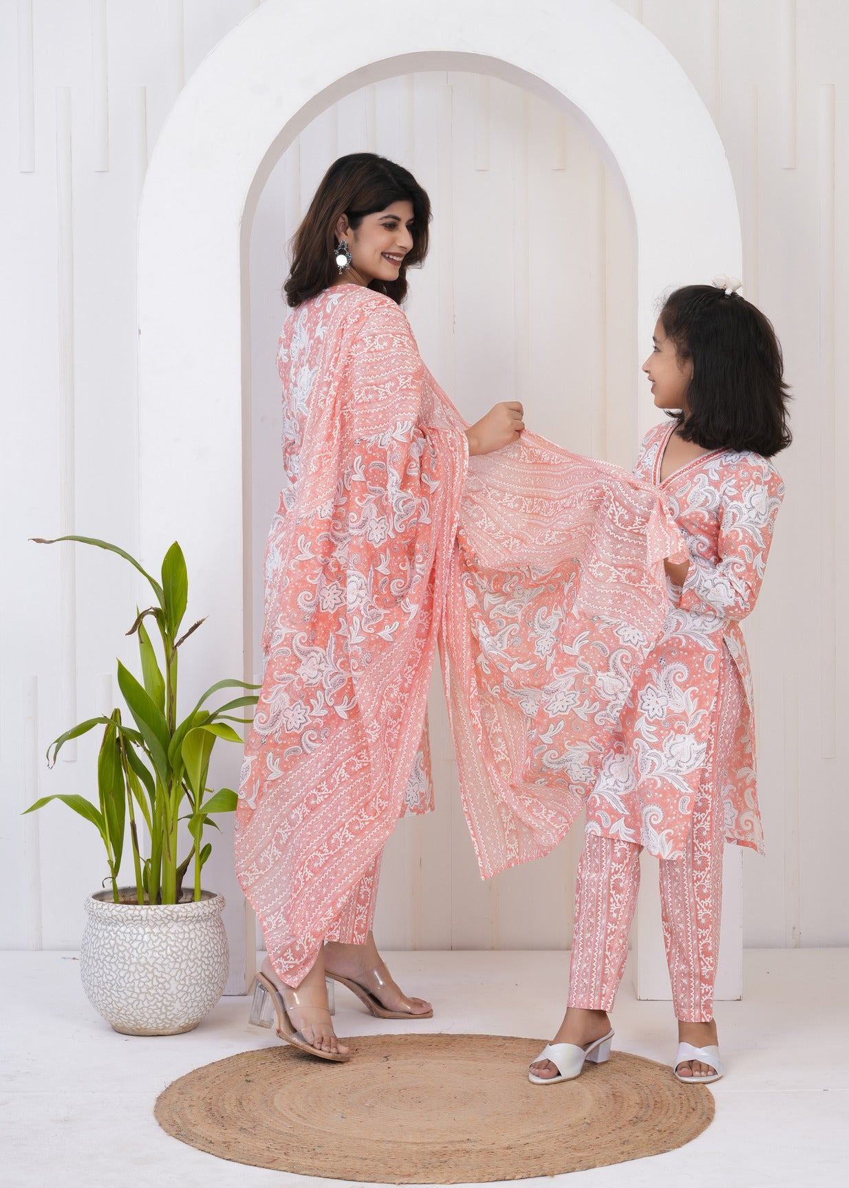 Orange With White Floral Printed Cotton Suit Set