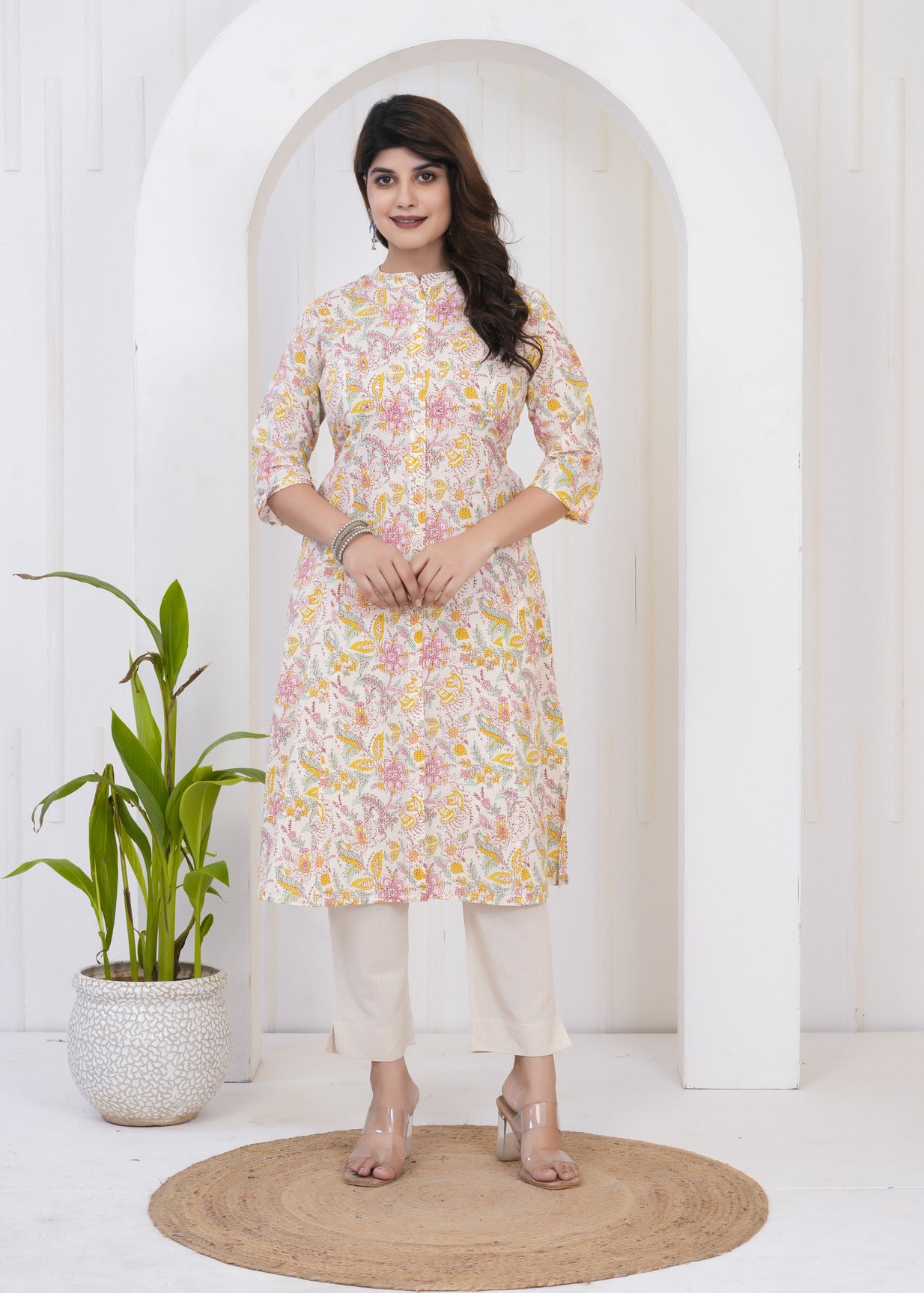 Cream With Floral Printed Cotton Kurti