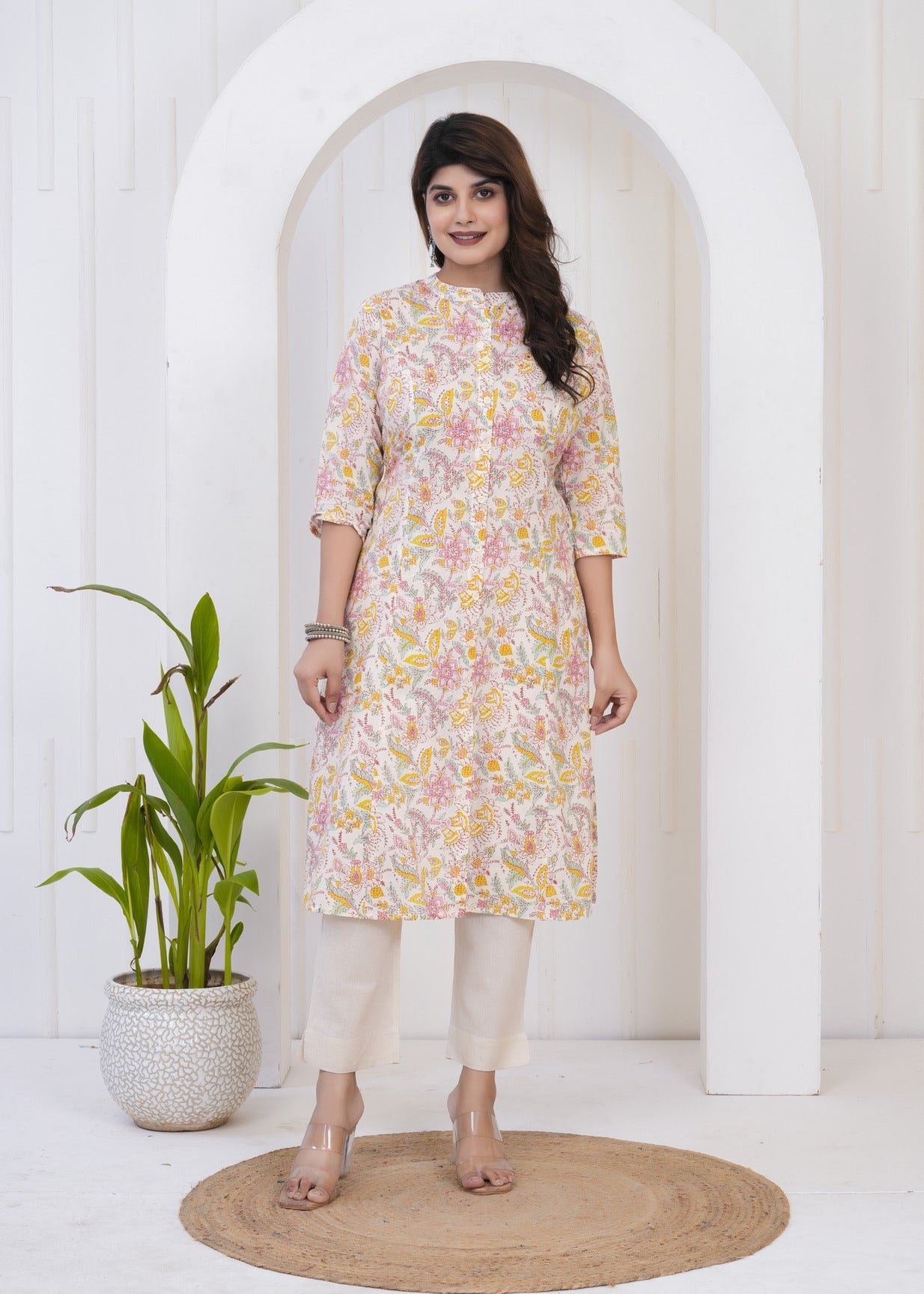 Cream With Floral Printed Cotton Kurti