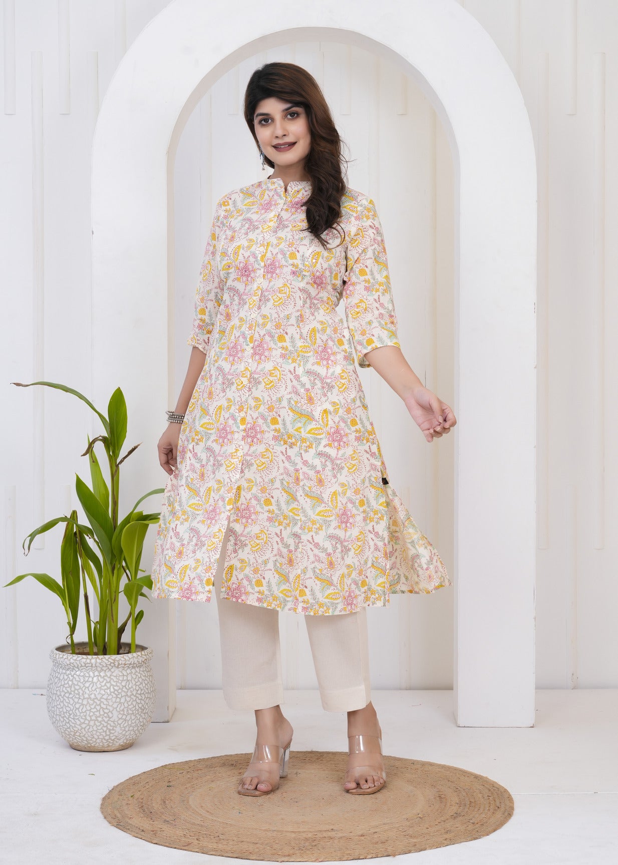 Cream With Floral Printed Cotton Kurti